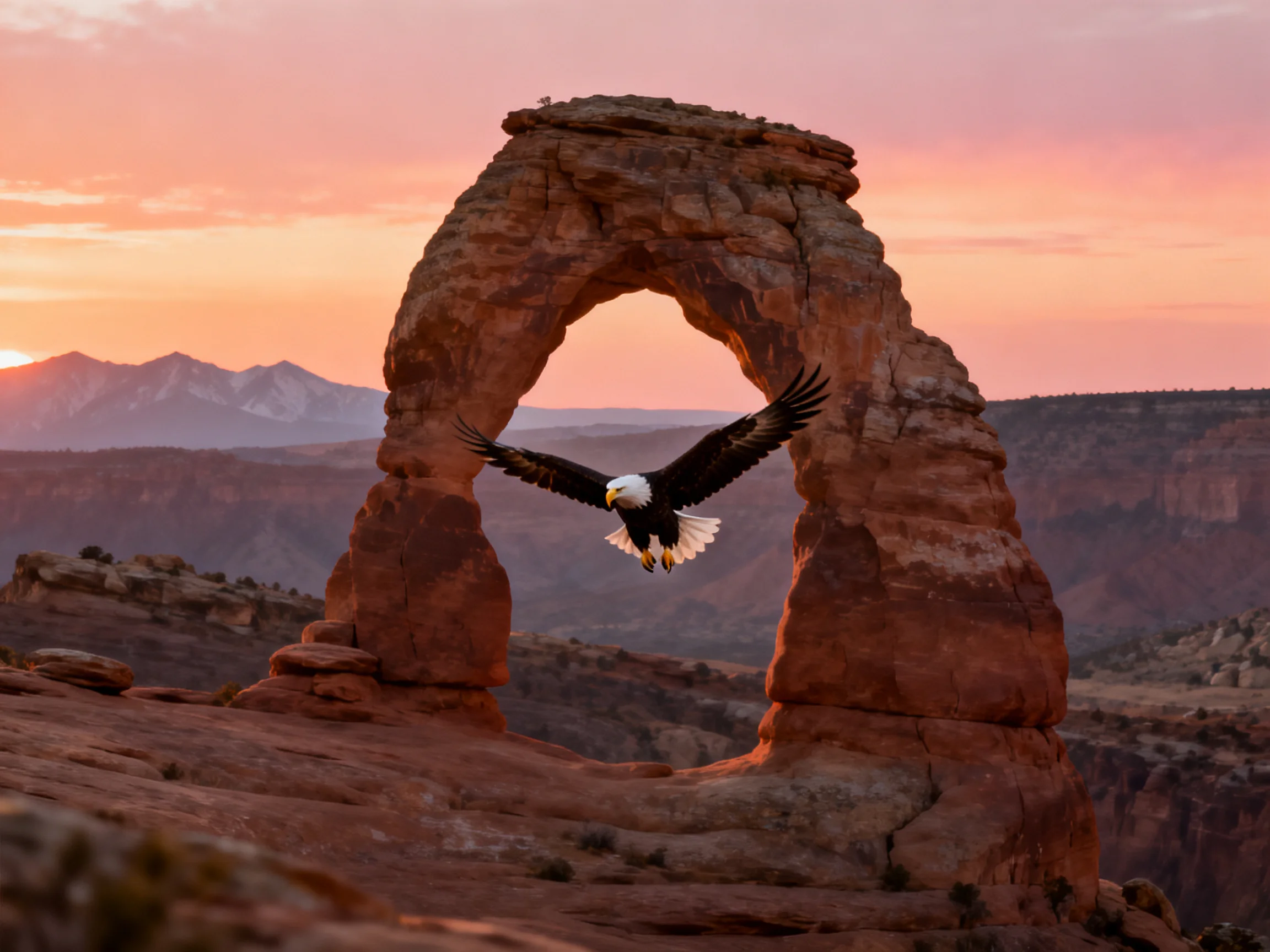 Bald eagle flies near Delicate Arch at sunset