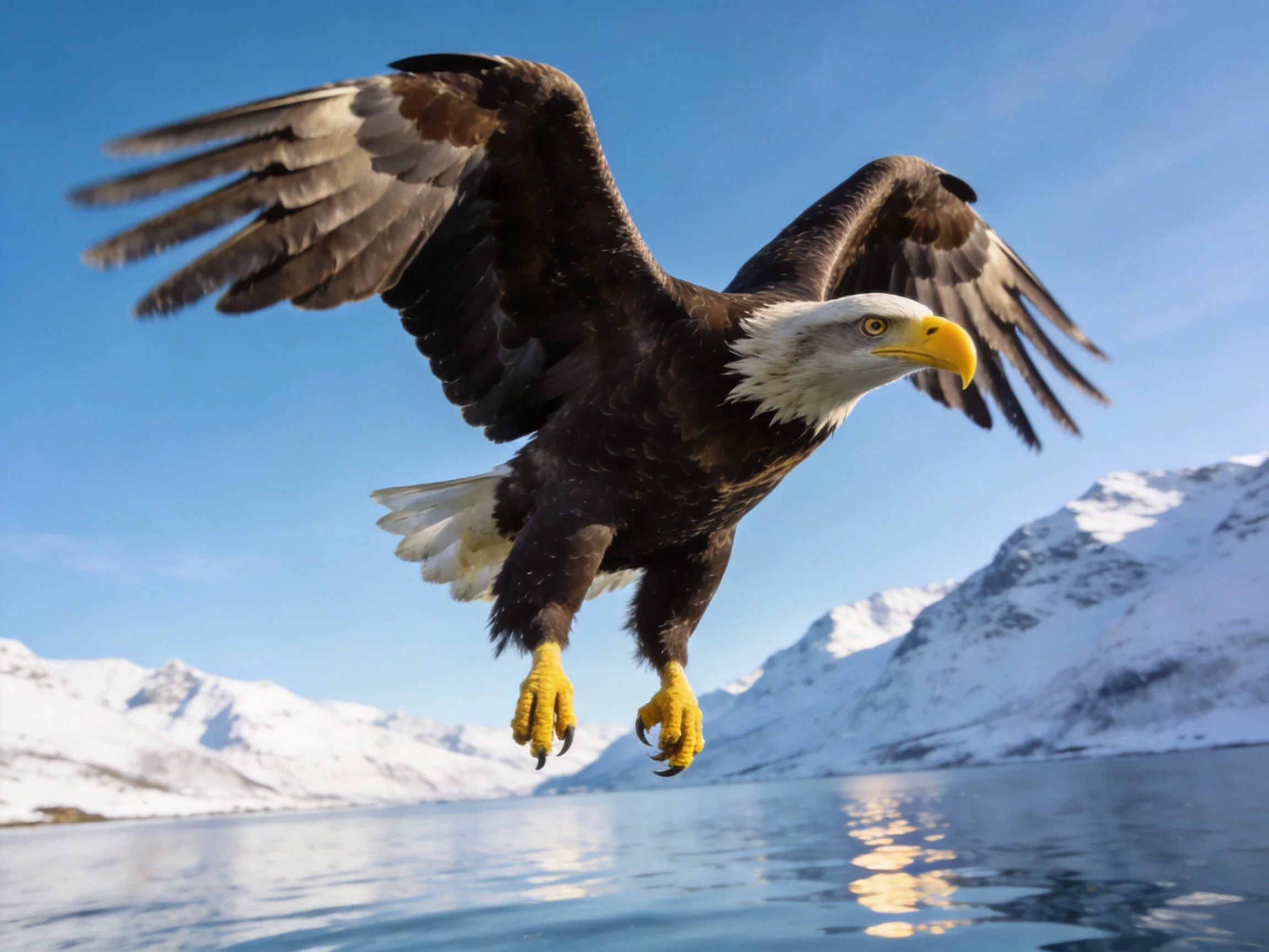 Bald eagle flies over icy water near snow-laden mountains