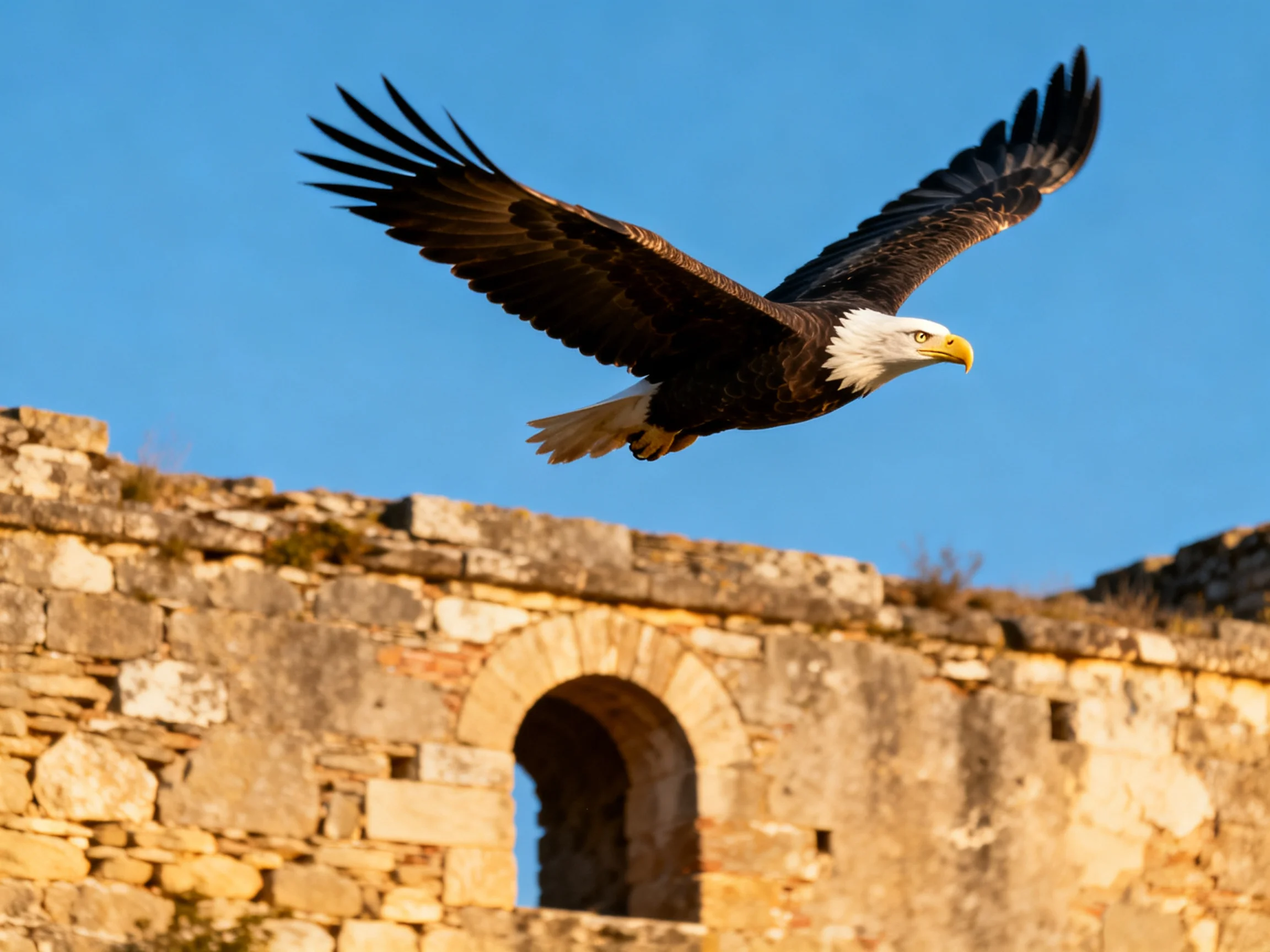 Bald eagle glides over ancient stone ruins under blue sky