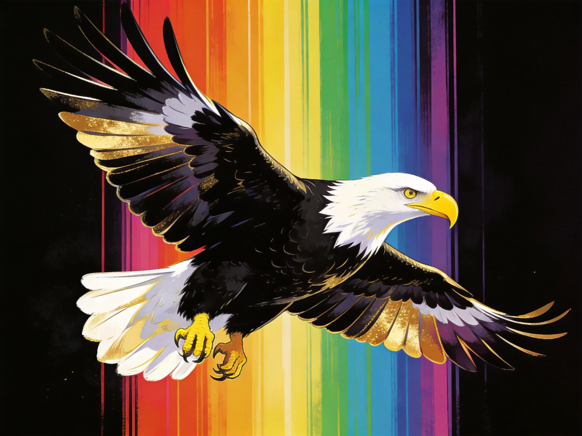 Bald eagle in flight with rainbow vertical stripe backdrop