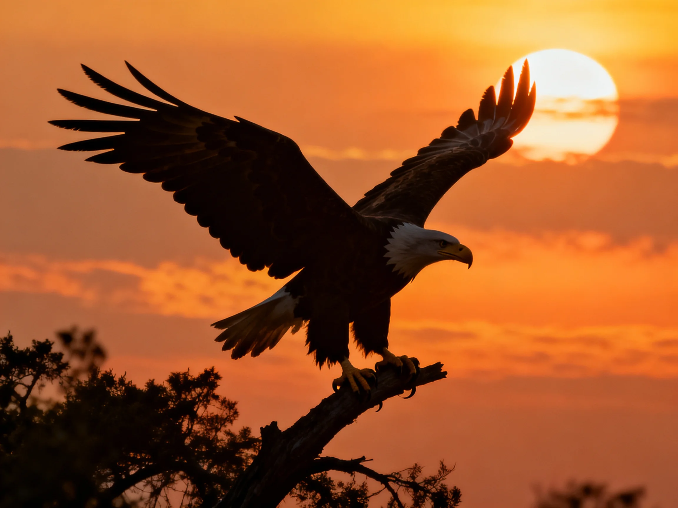 A bald eagle takes off from a tree branch during a vivid orange sunset.