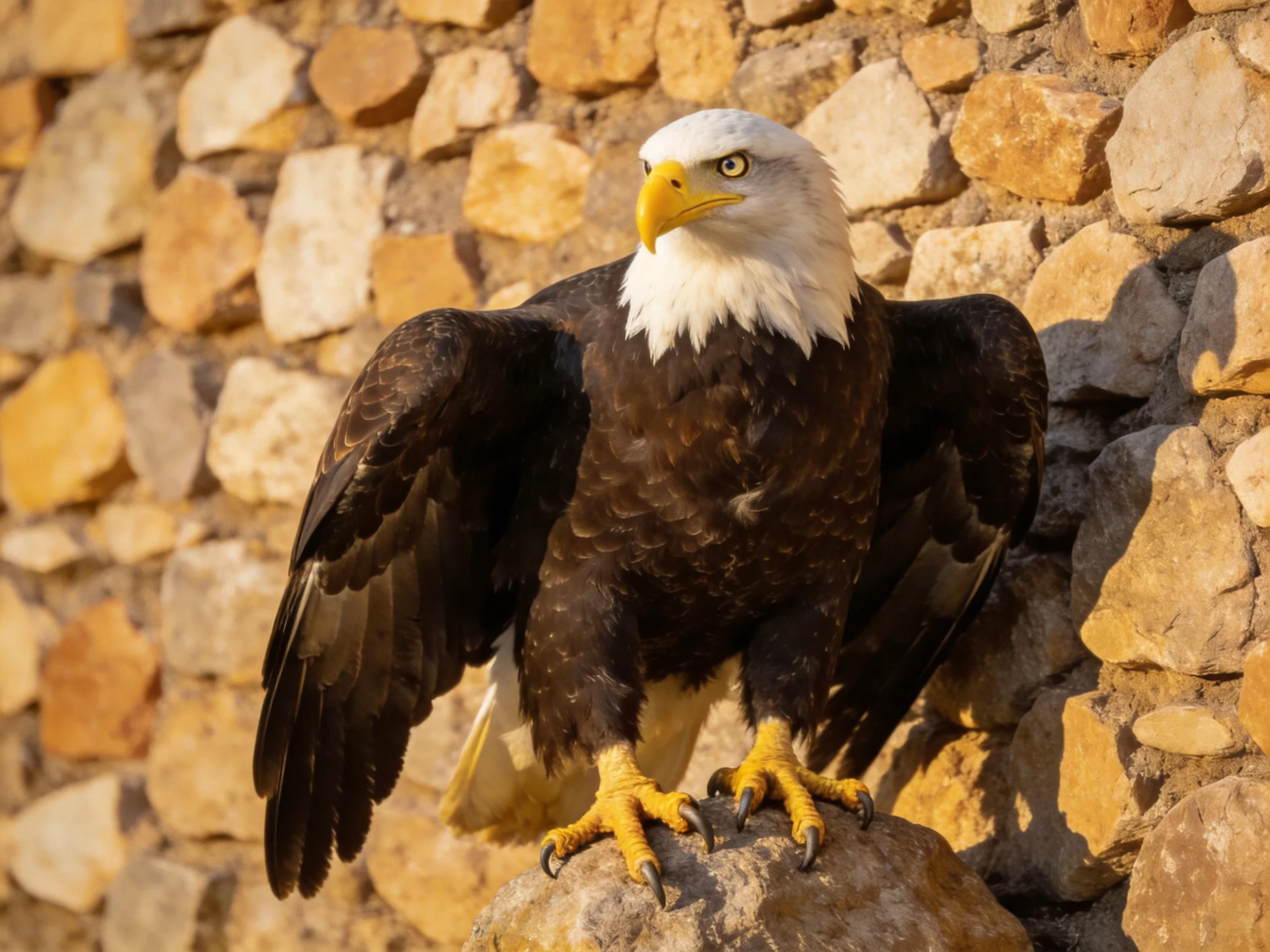 Bald eagle perched on a rock next to a stone wall