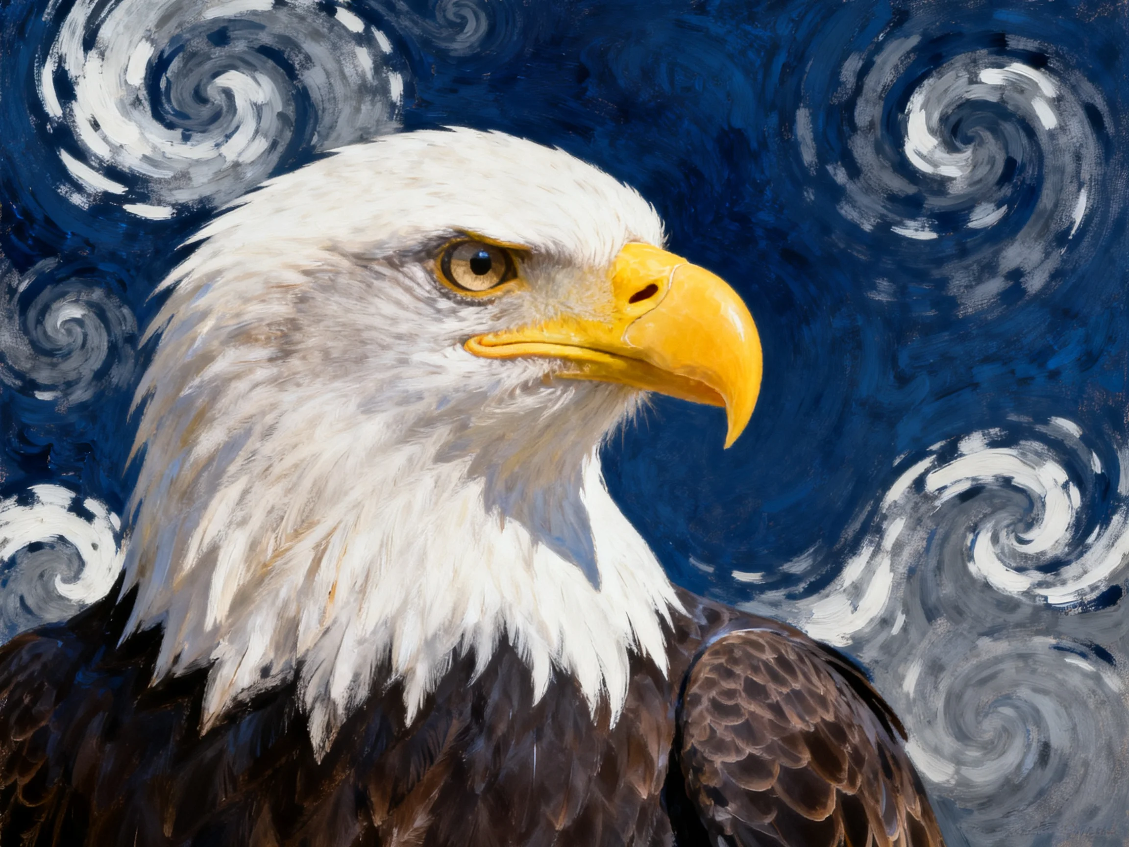 Bald eagle portrait with swirling dark blue abstract background