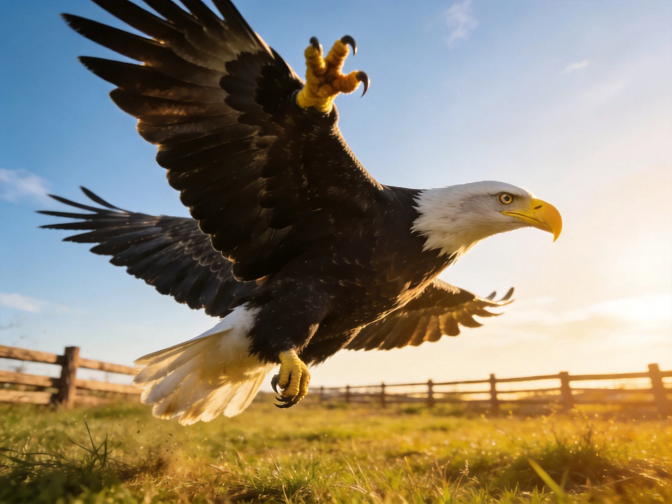 Bald eagle soars low over grassy field near wooden fence