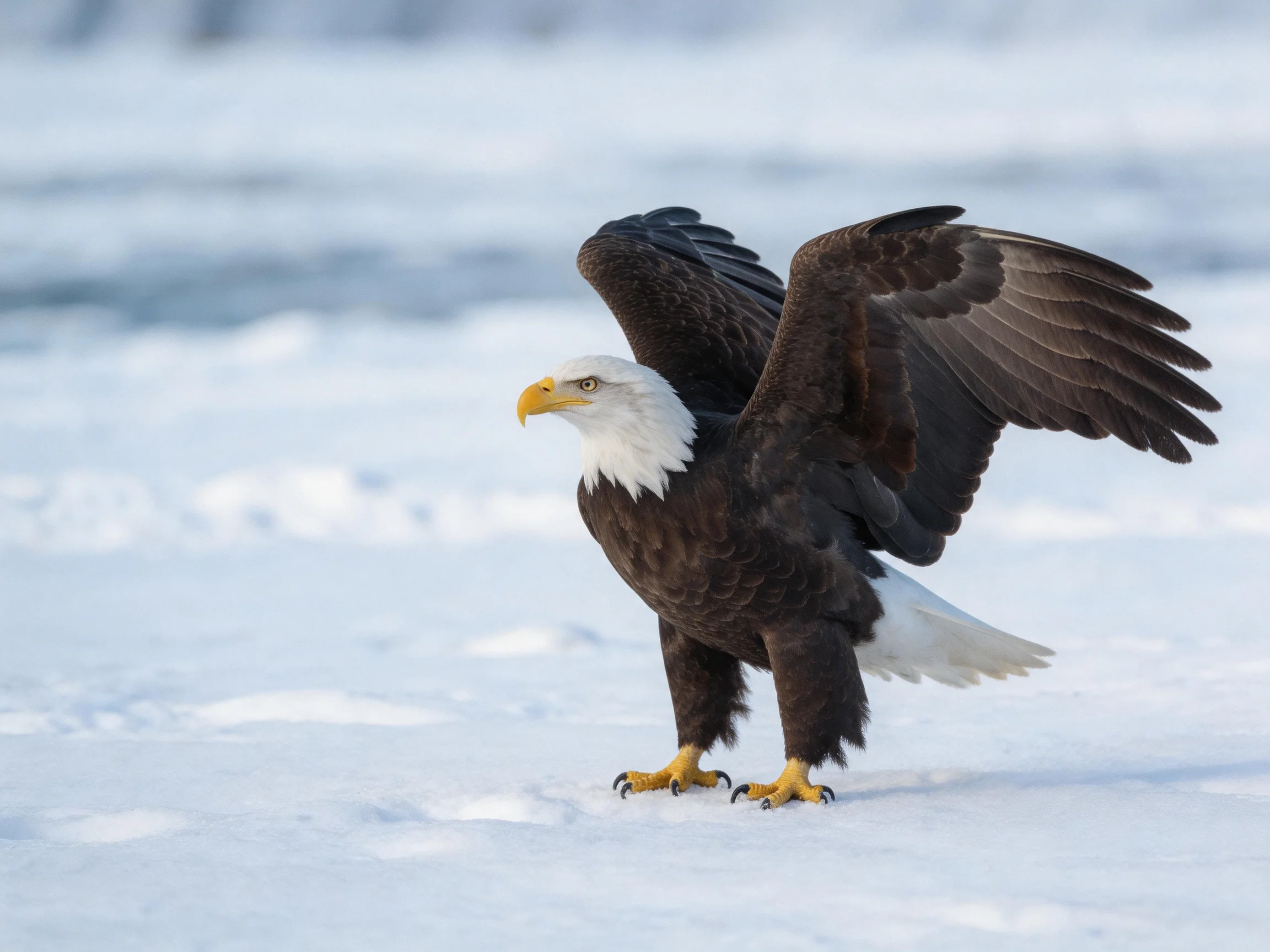 Bald eagle spreading wings on snowy ground