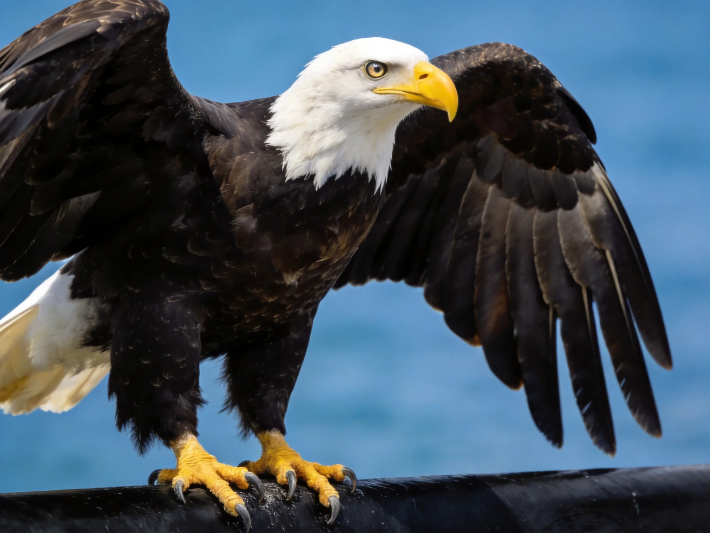 Bald eagle spreading wings, perched by blue water