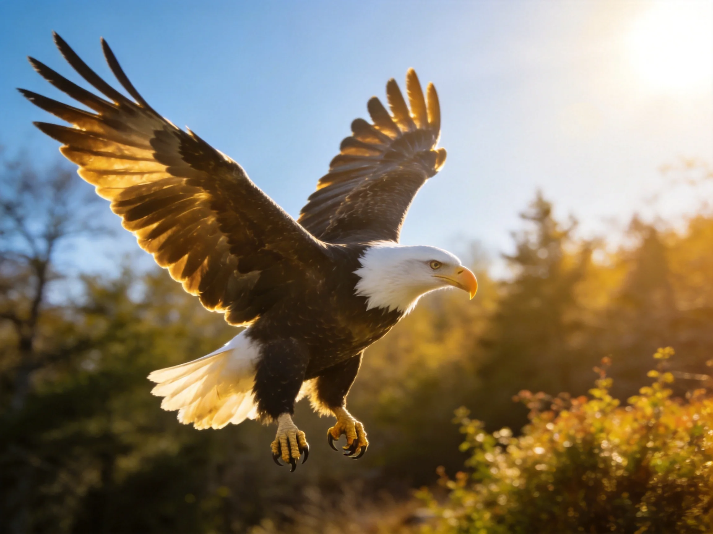 Bald eagle spreads wings mid-air amid sunlit foliage