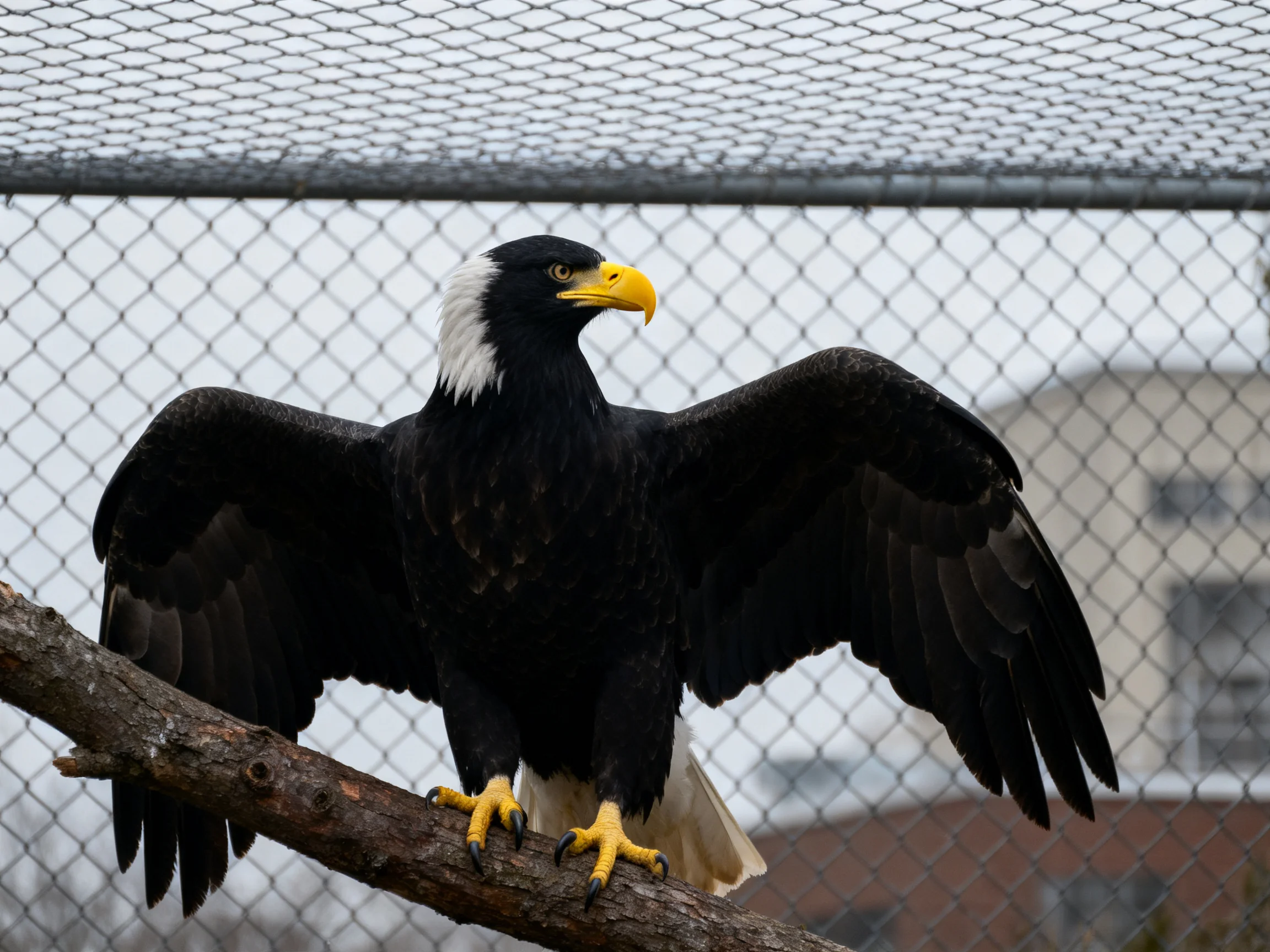 Bald eagle spreads wings on wooden perch near chain-link fence