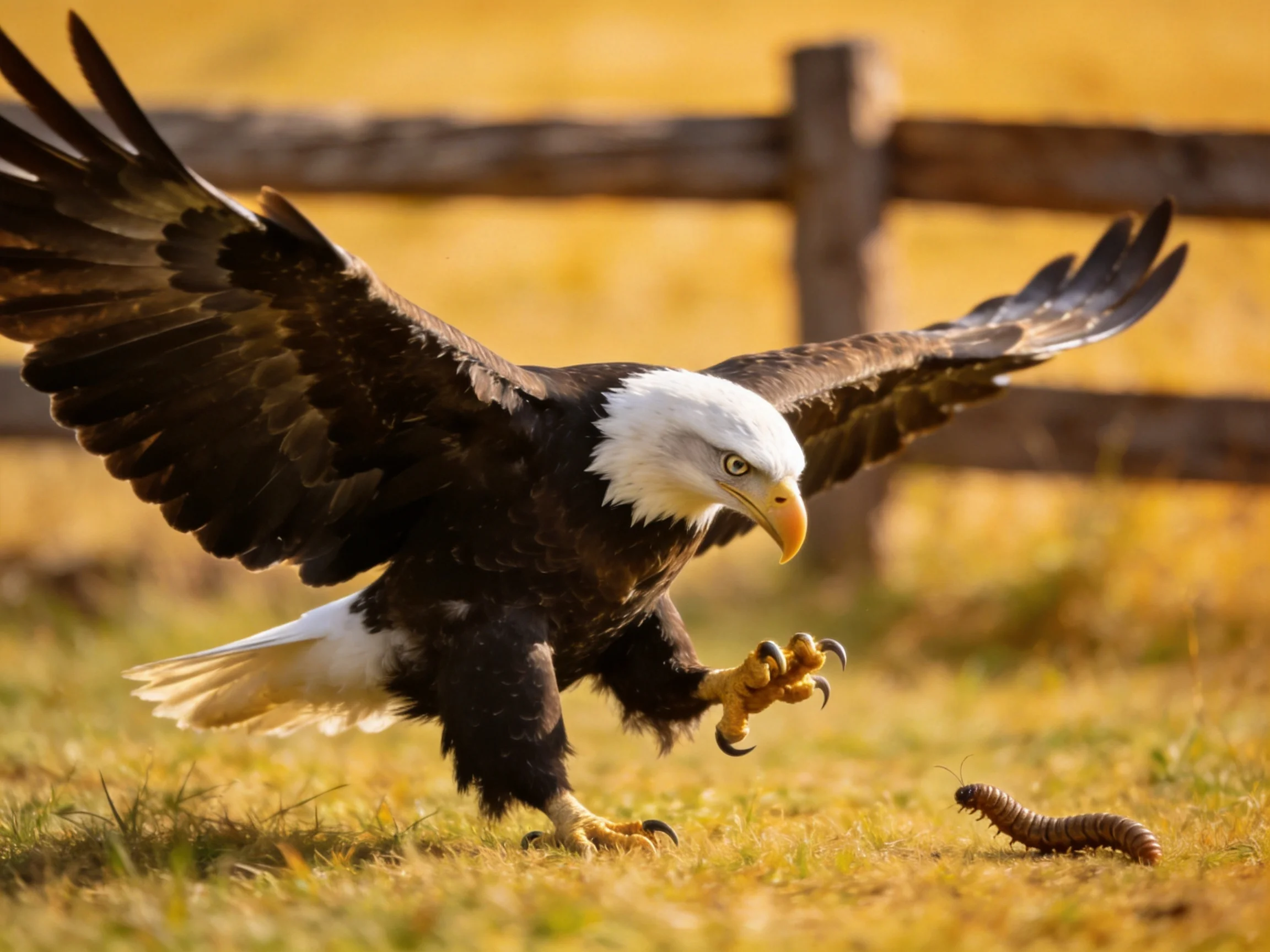 Bald eagle spreads wings toward a worm on golden grass
