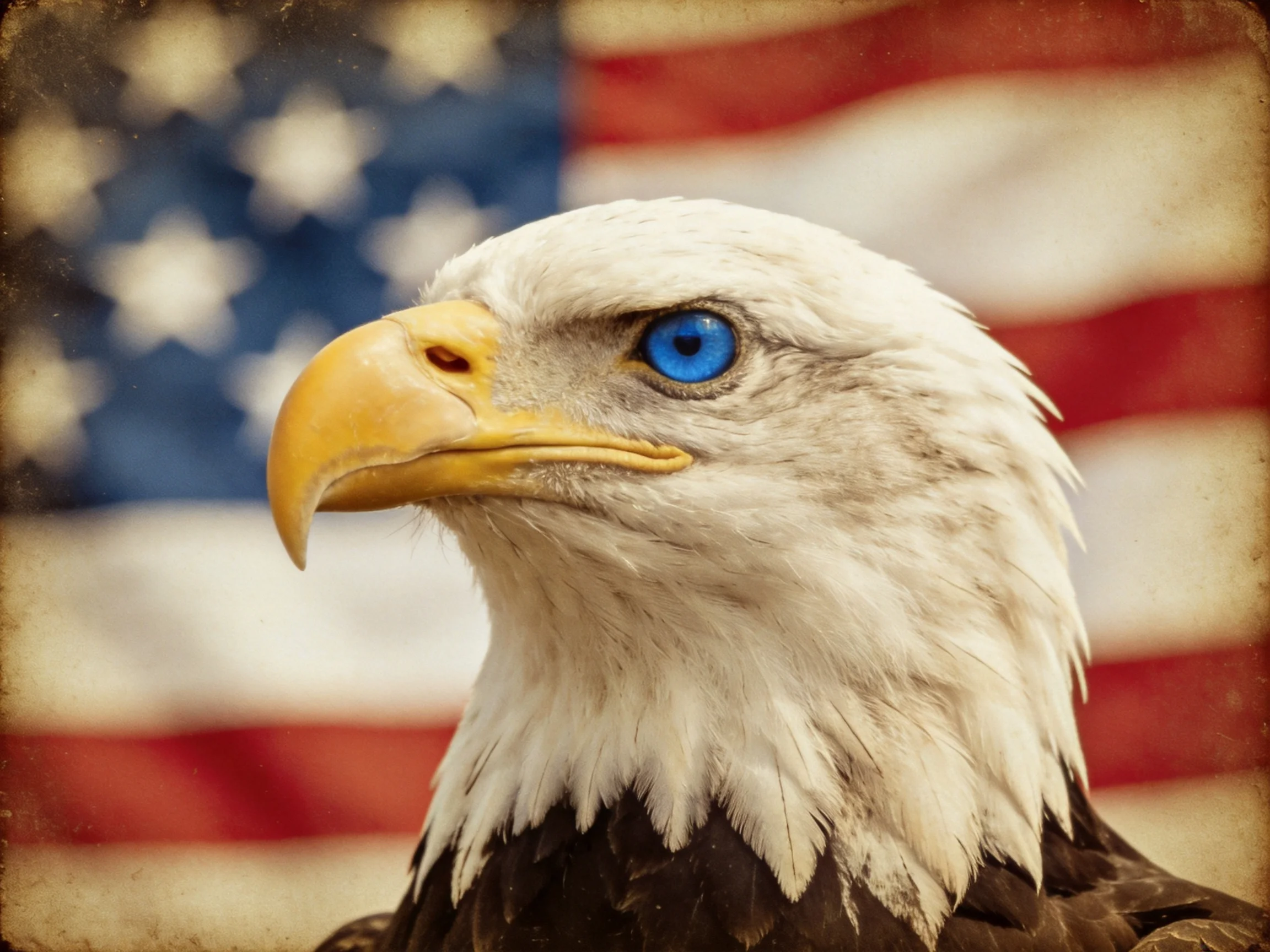Bald eagle with bright blue eye beside American flag