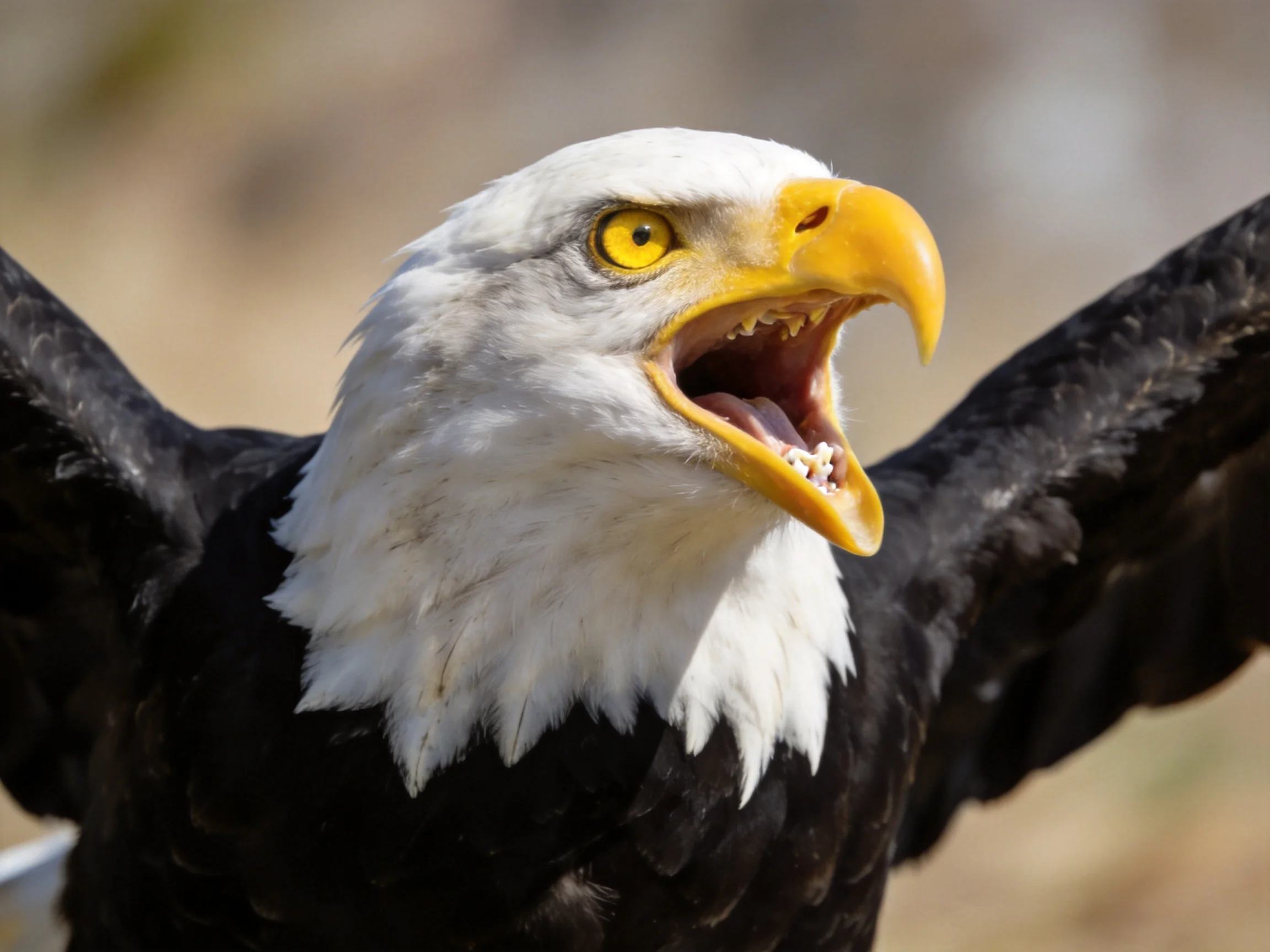 Bald eagle with open beak and extended wings