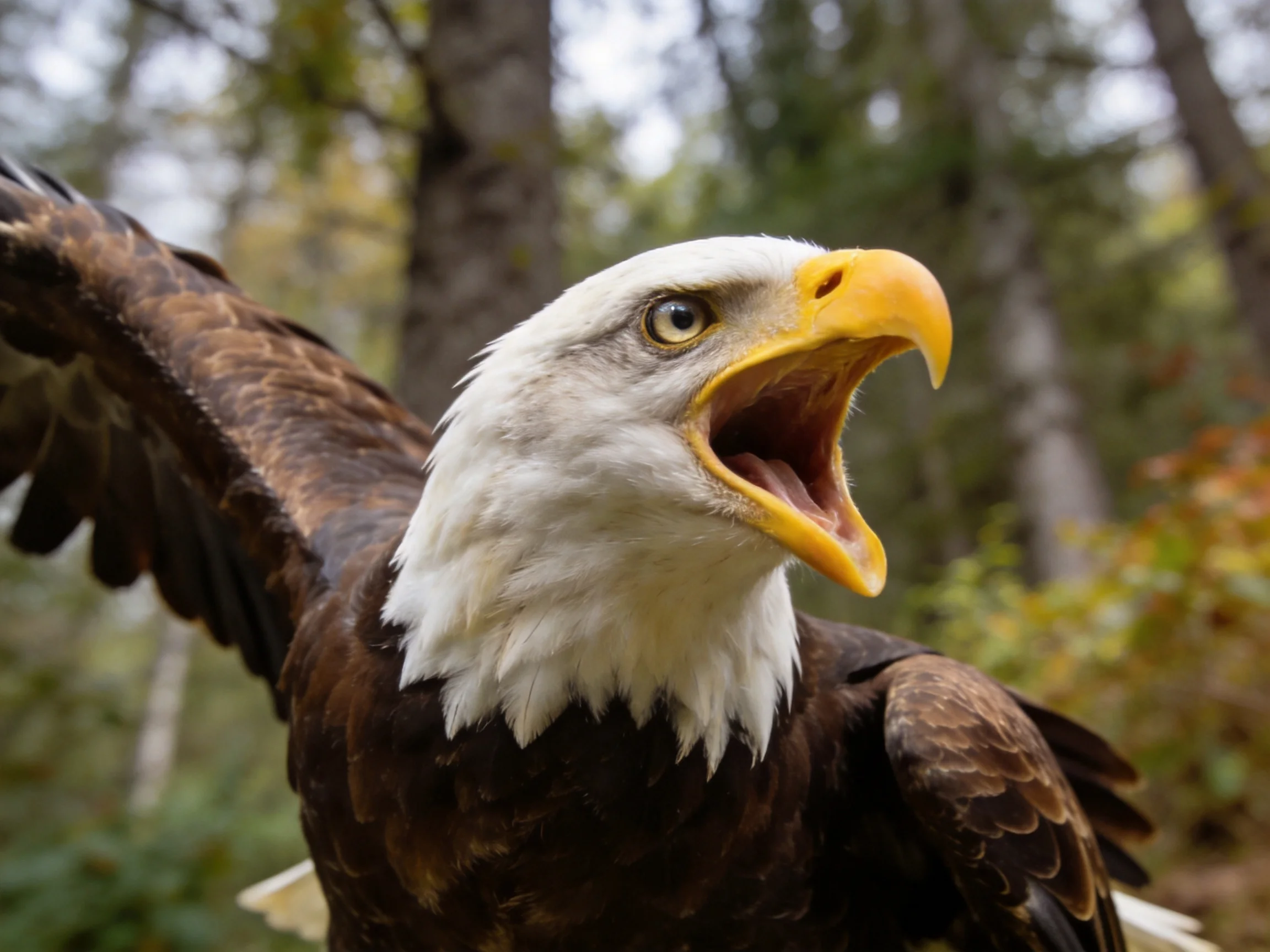 Bald eagle with white head and yellow beak spreads wings in forest