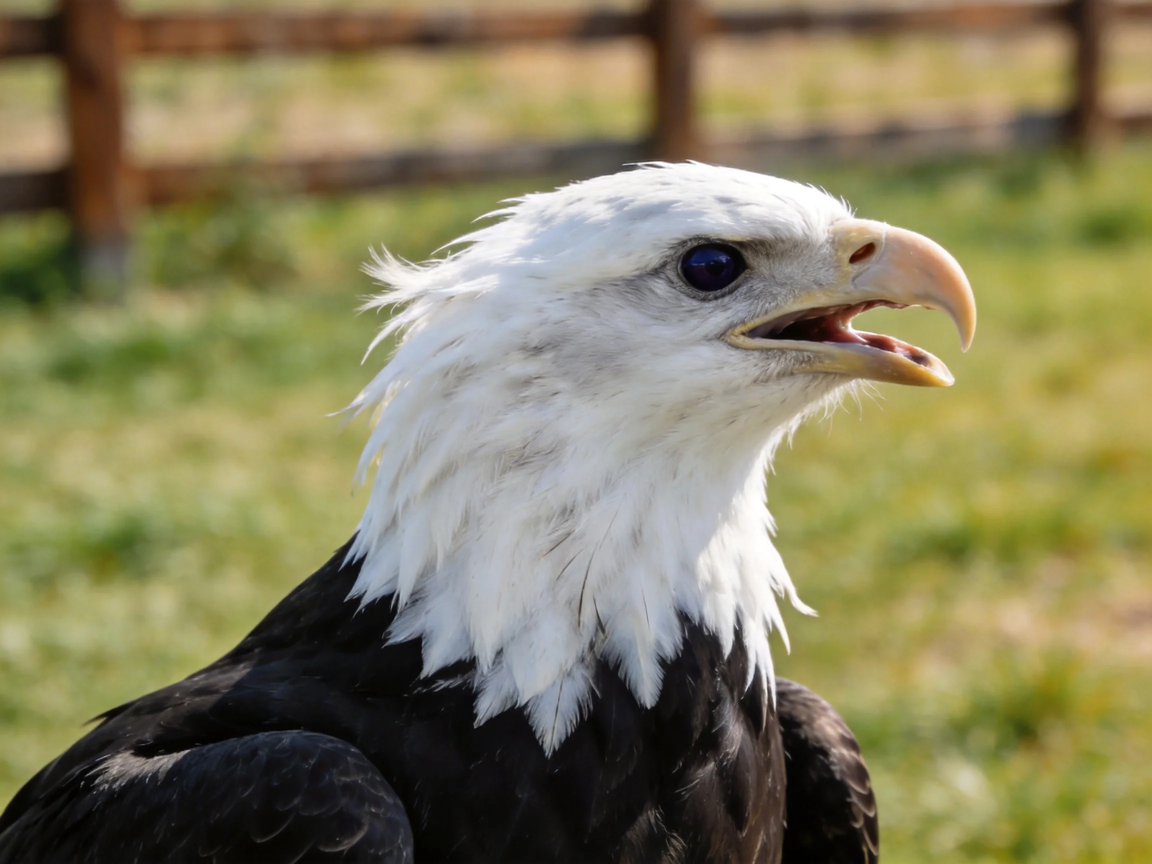 Bald eagle with white head, black feathers, open beak outdoors