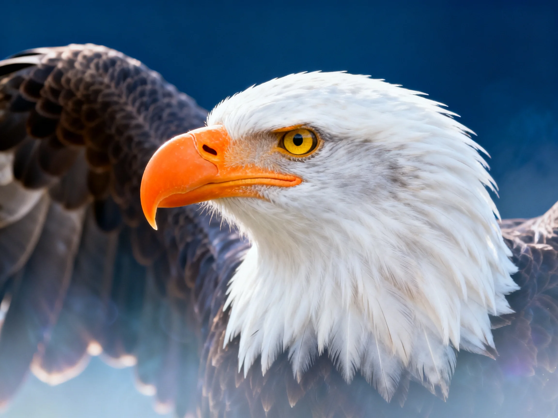 Bald eagle with white head, orange beak, and dark wings