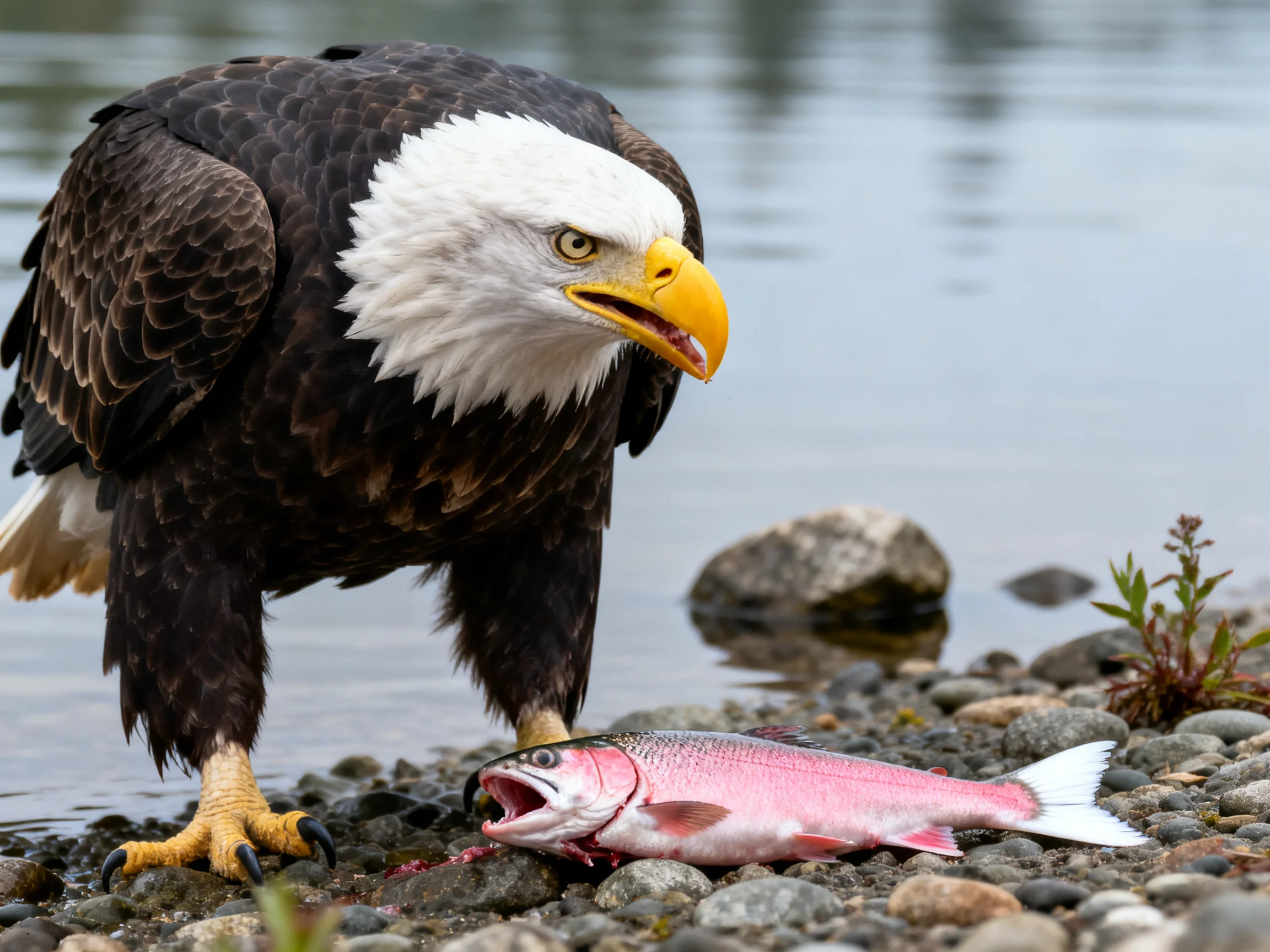 Bald eagle with white head stands over pink salmon on rocky shore by water