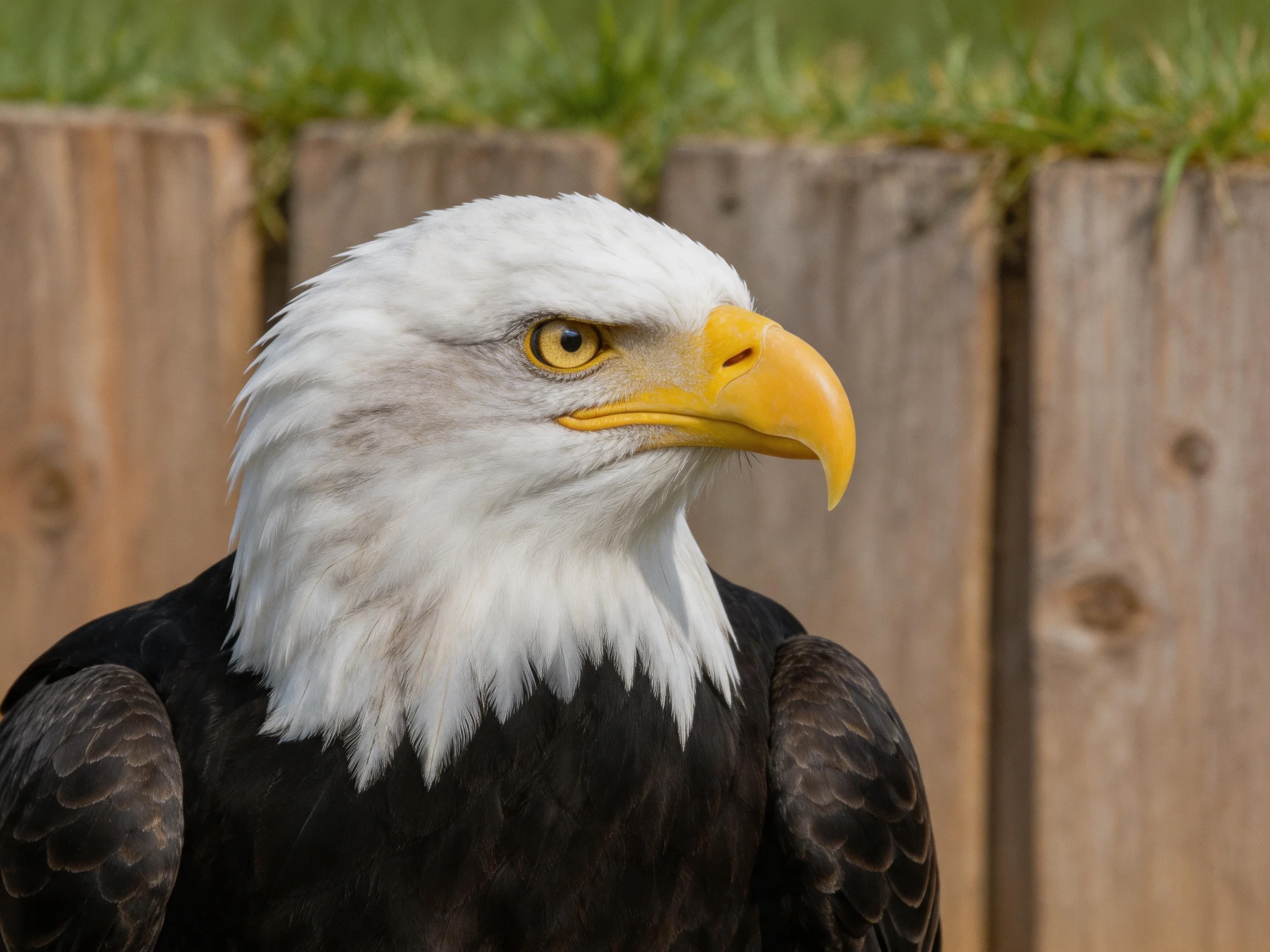 Bald eagle with white head, yellow beak, and dark feathers near wooden fence