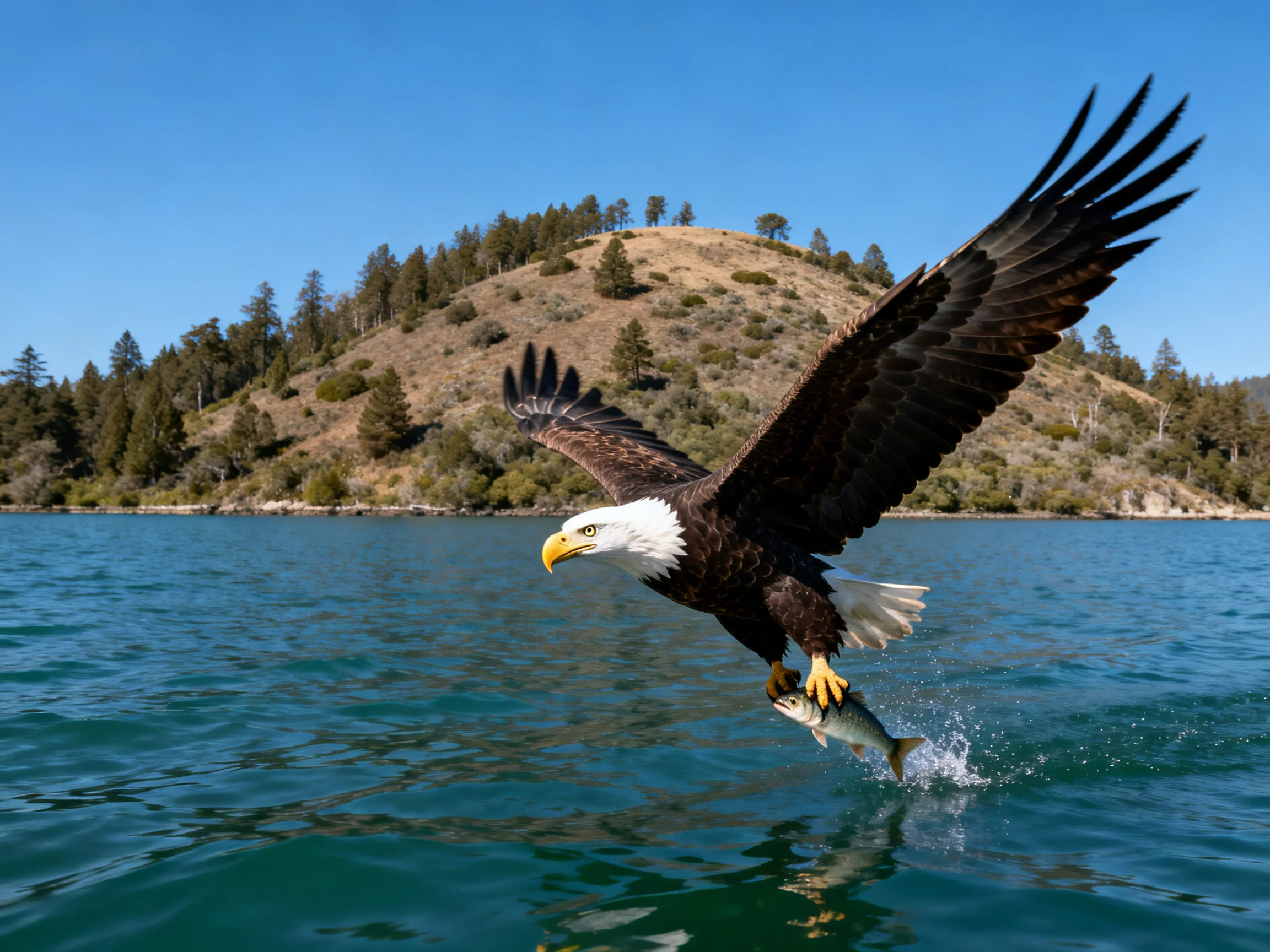 Baldeagle snatching fish from clear blue lake waters