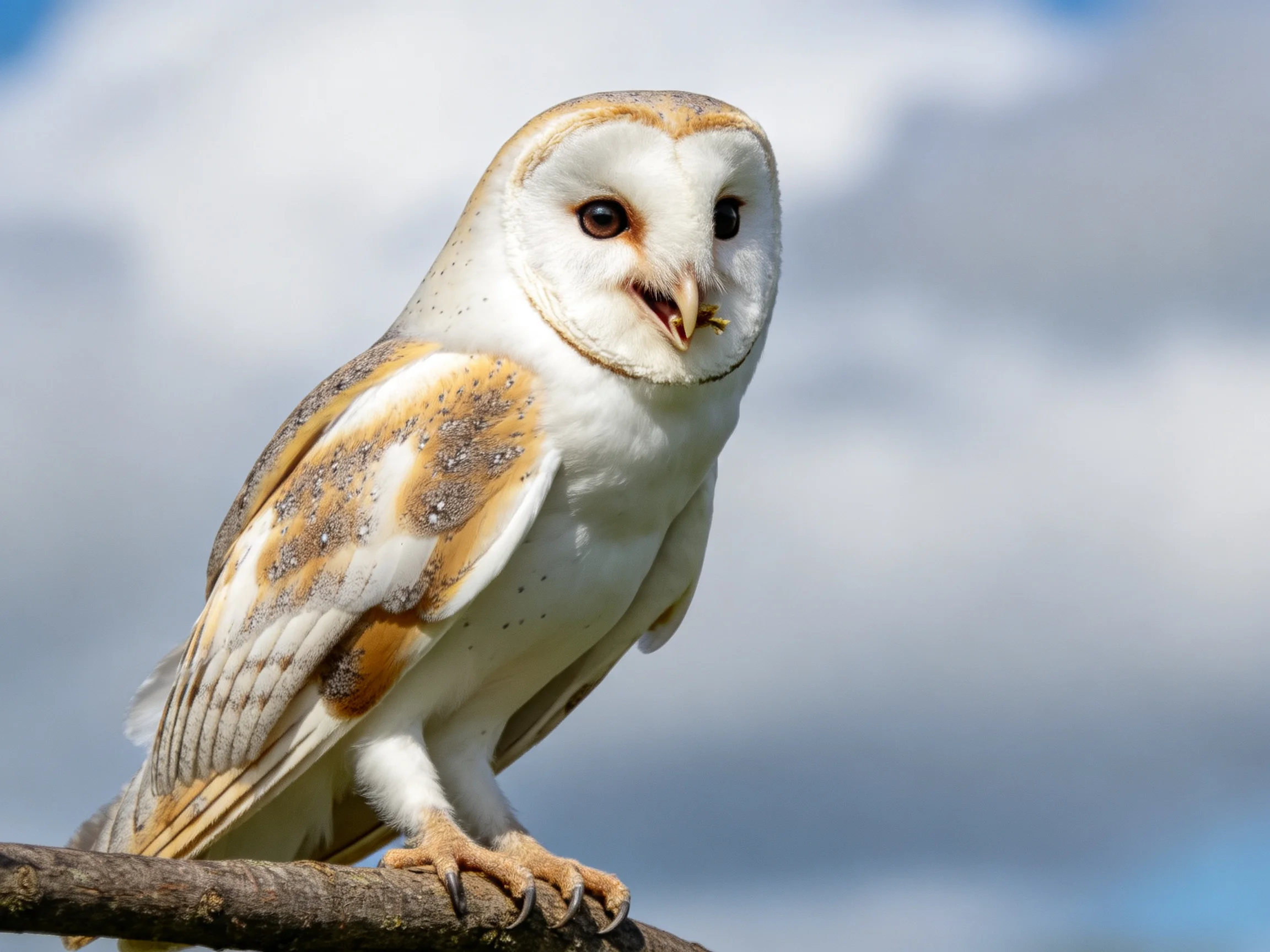 Barn Owl Perched on a Branch with White and Brown Feathers