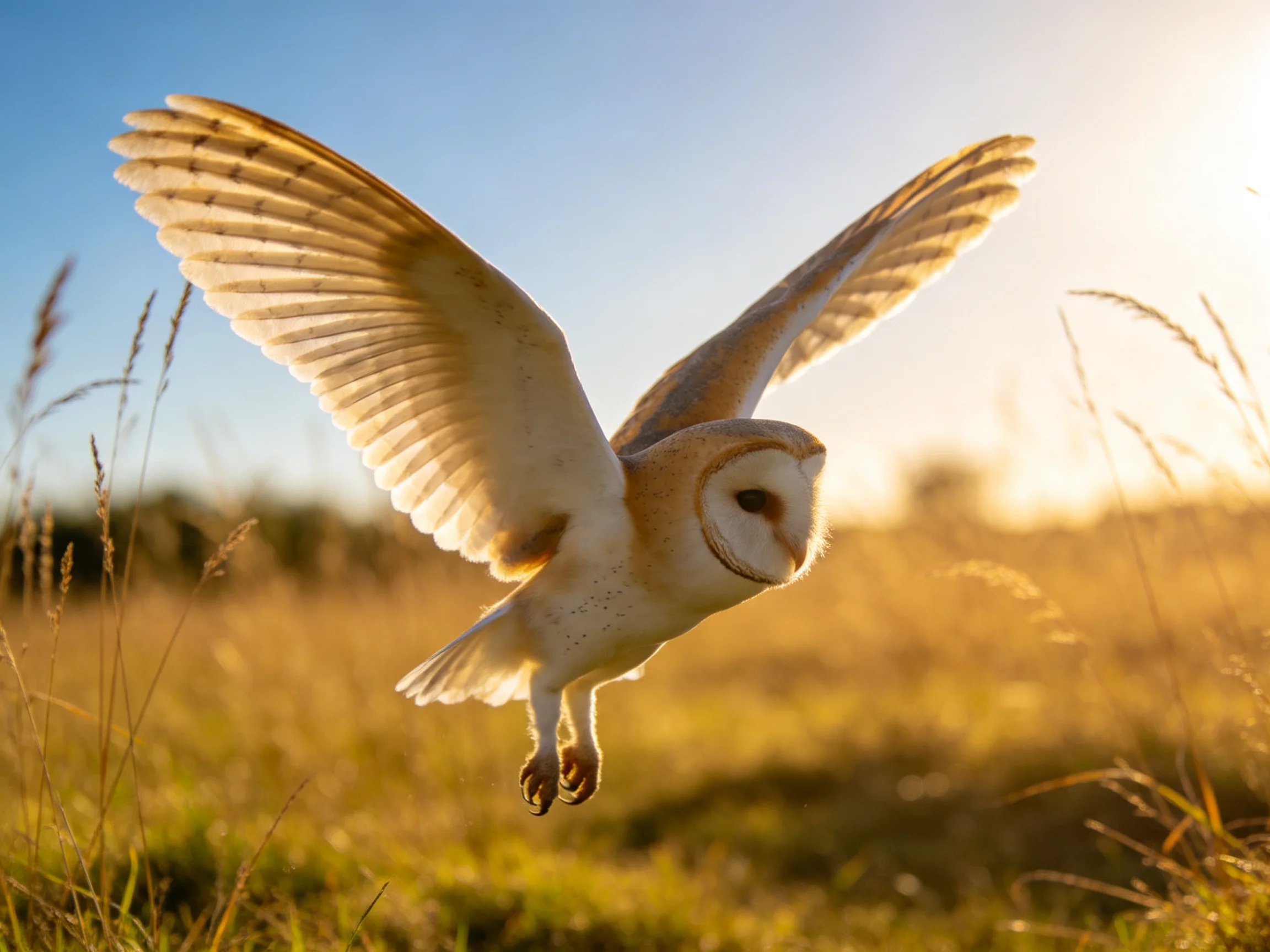 Barn owl gliding over golden grasslands at sunset