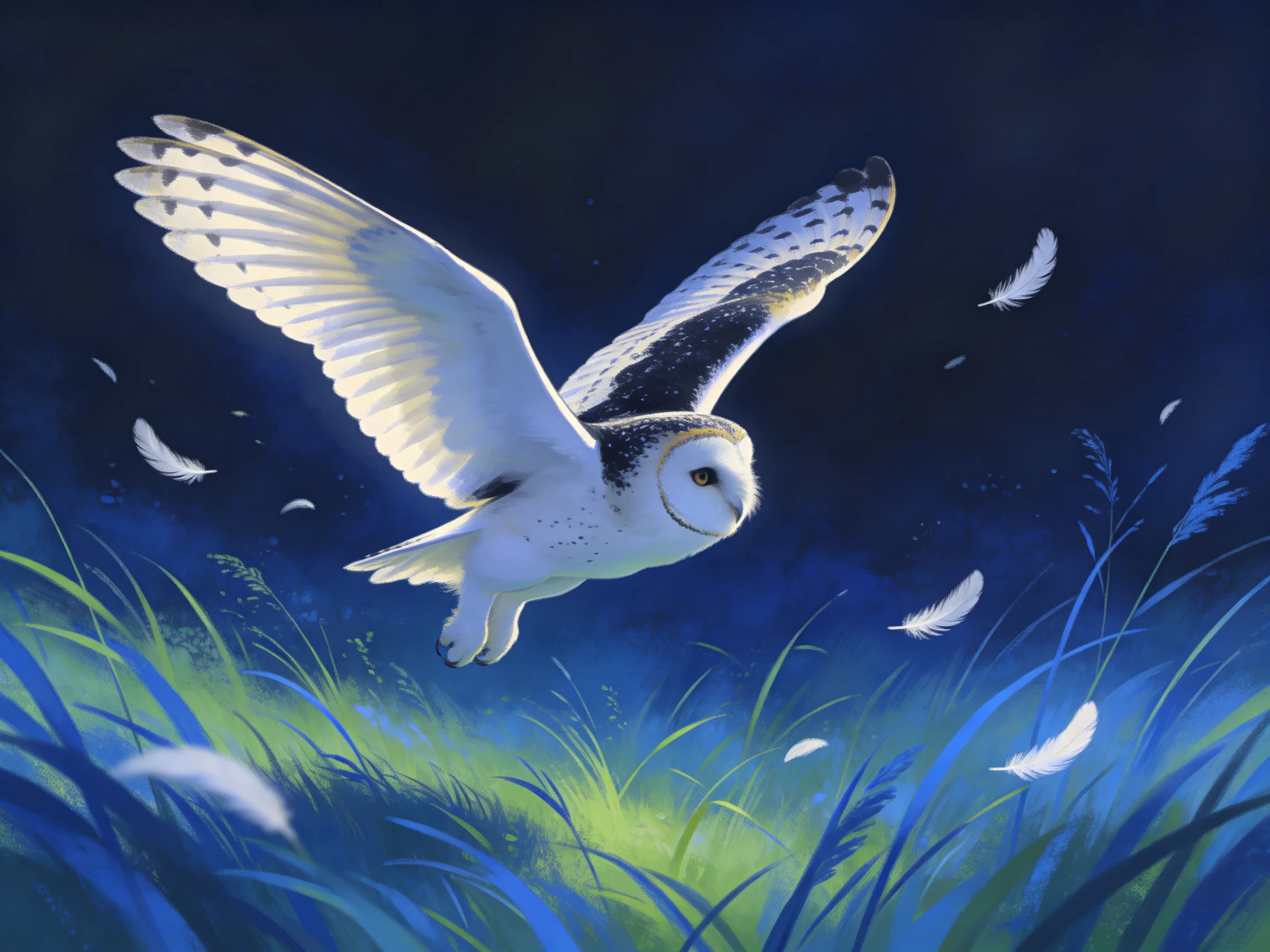 Barn owl soaring over glowing grass with scattered feathers