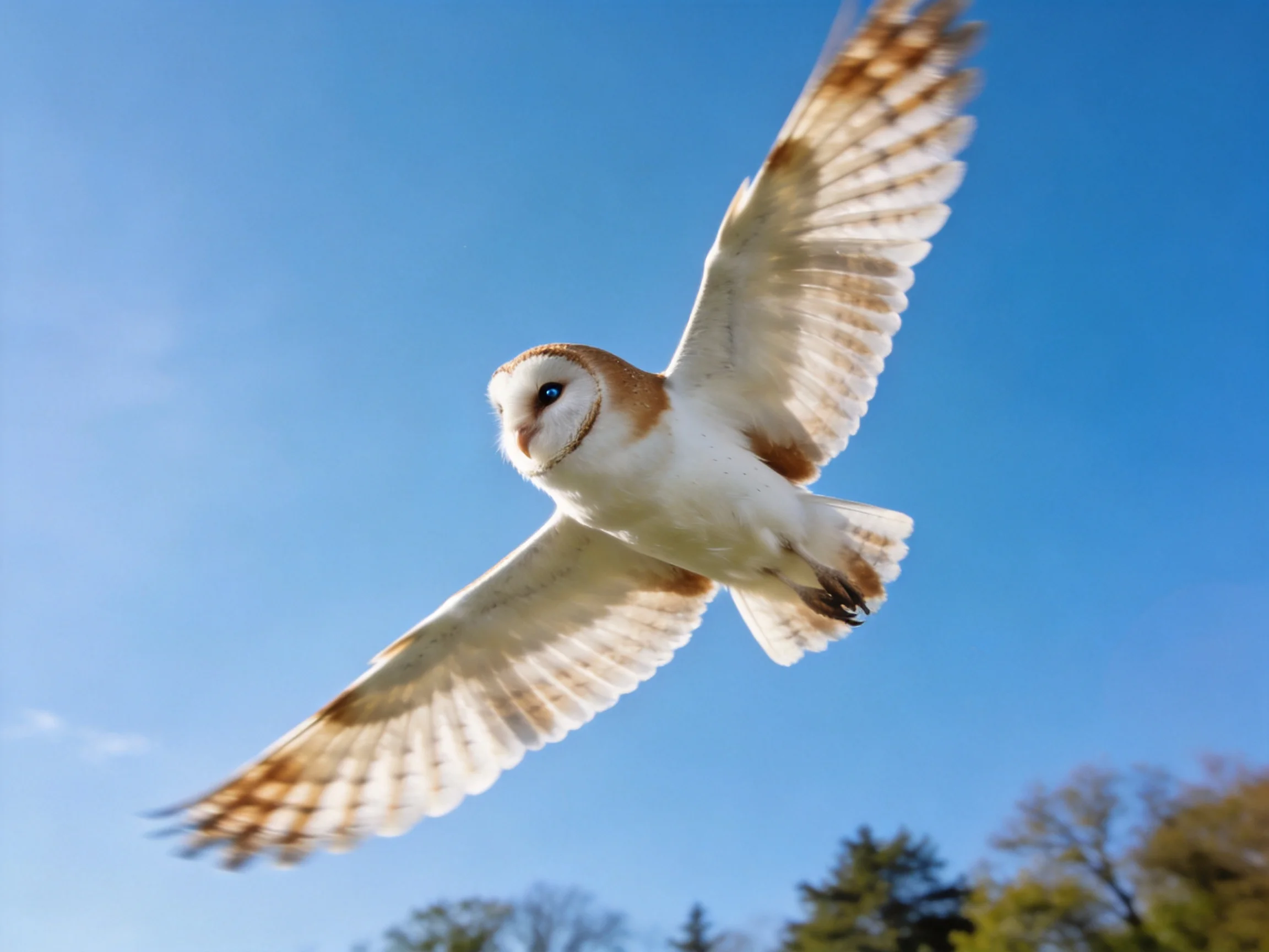Barn owl soaring with outstretched wings