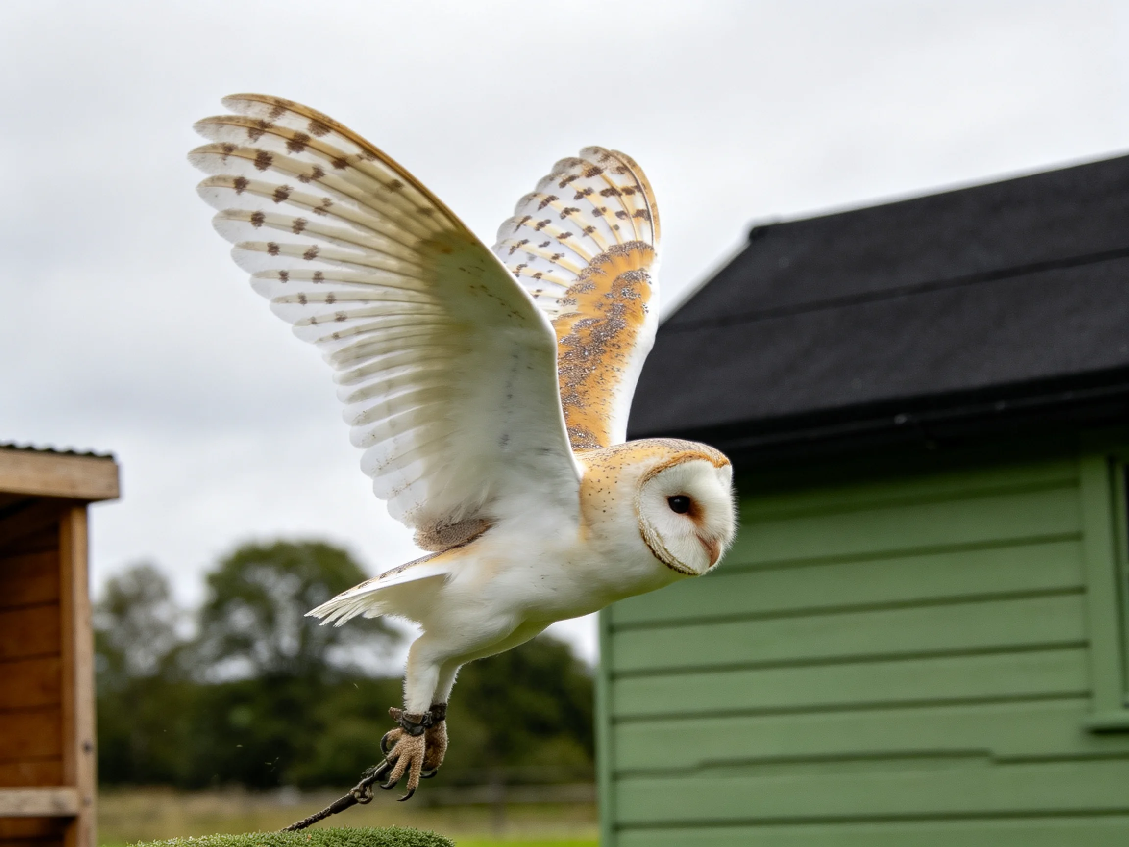 Barn owl spreads wings mid-flight near green and black buildings
