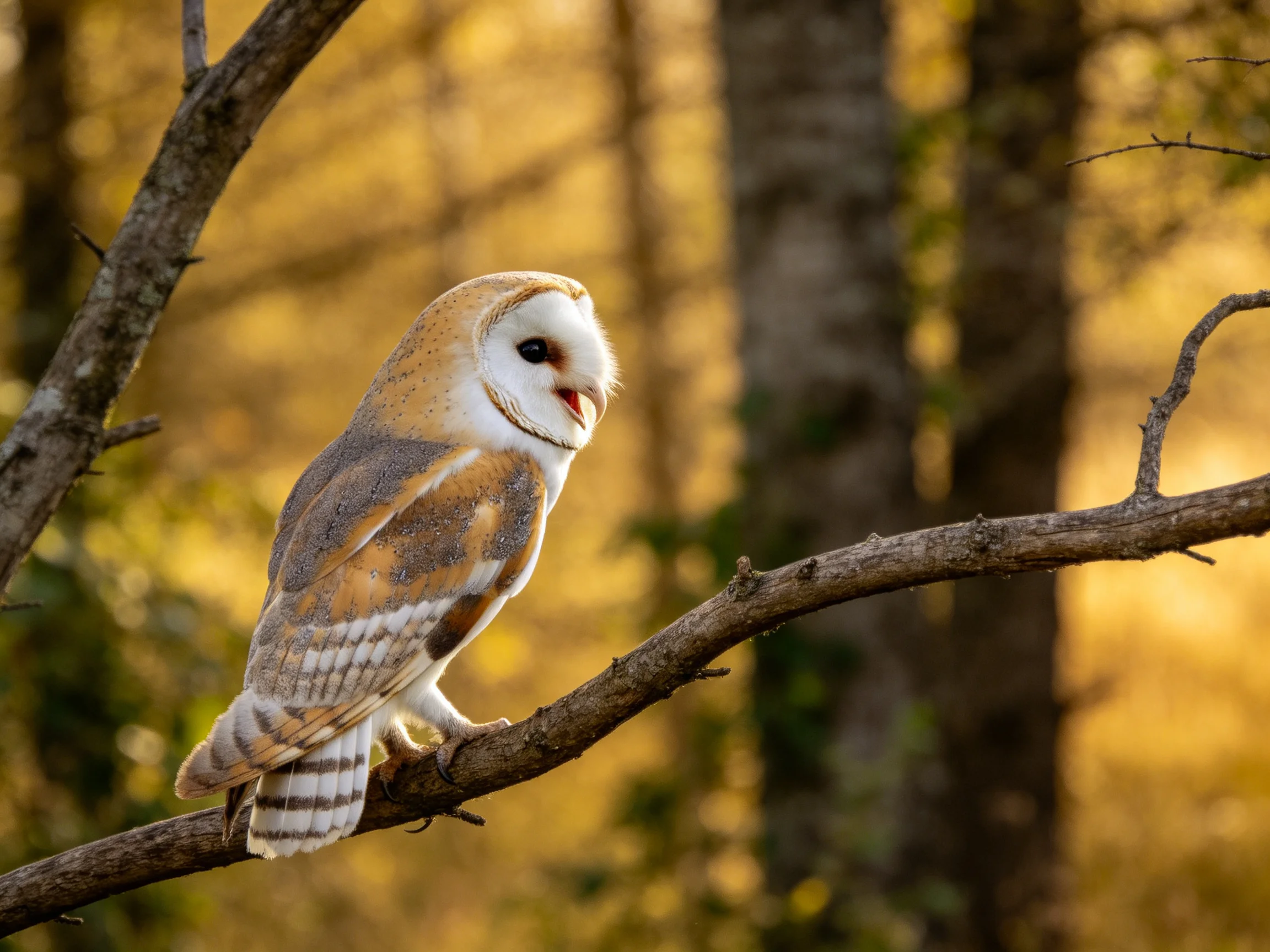 Barn owl with brown, white, and gray plumage perched on a tree branch in a forest