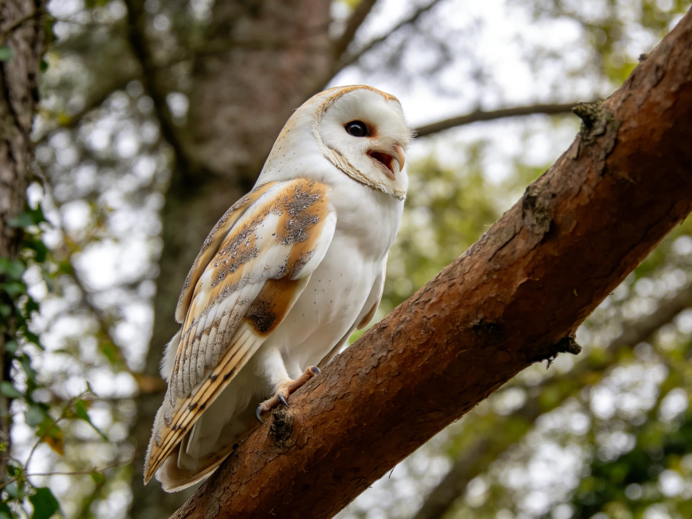 Barn owl with white and brown plumage perched on a tree branch