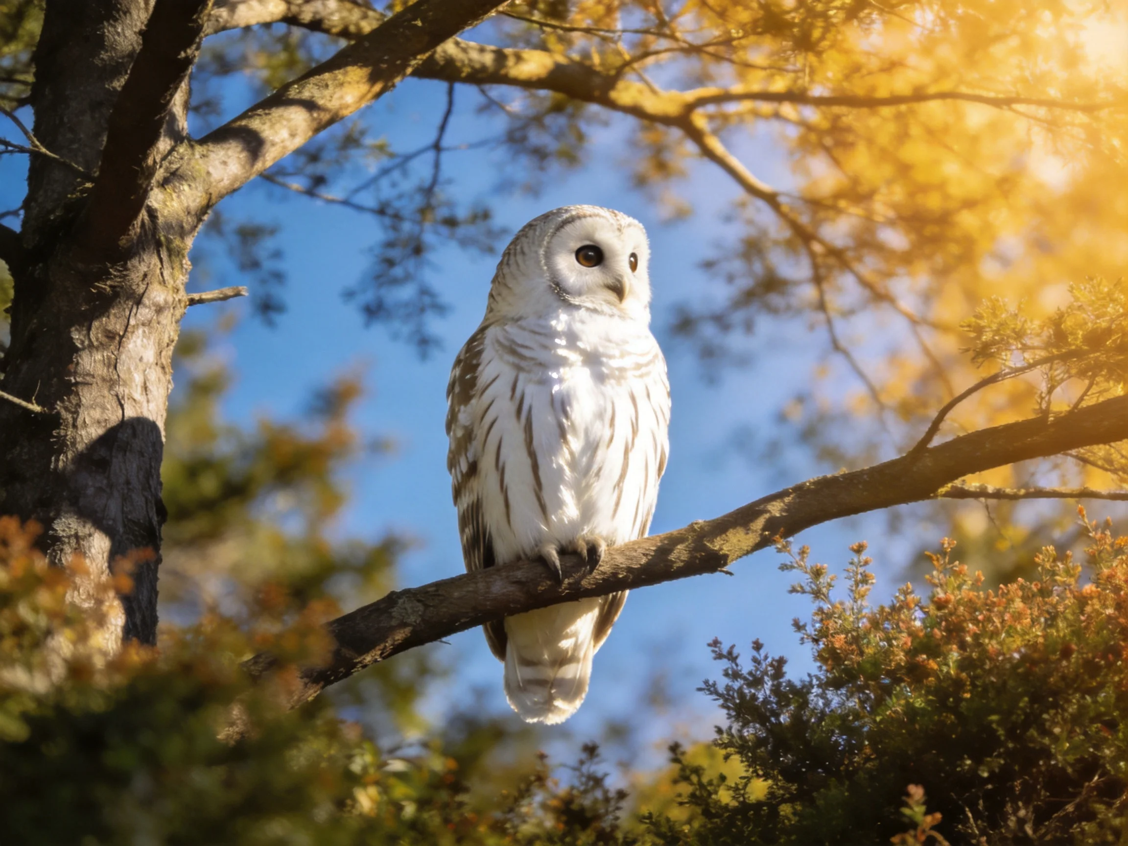 Barred owl perched on a tree branch with golden foliage