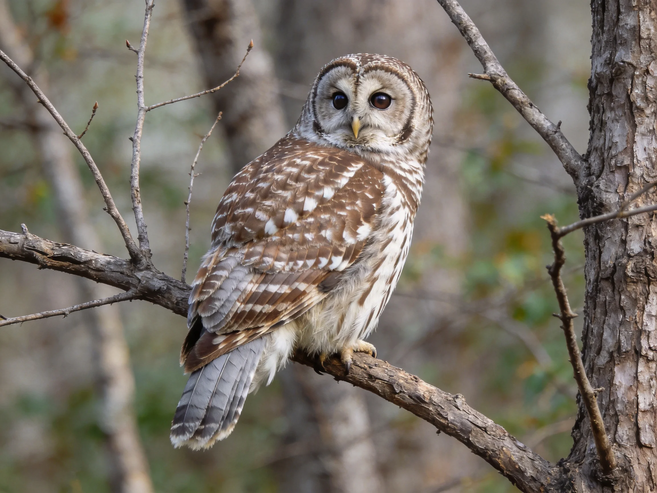 Barred owl with brown and white plumage perched on a tree branch