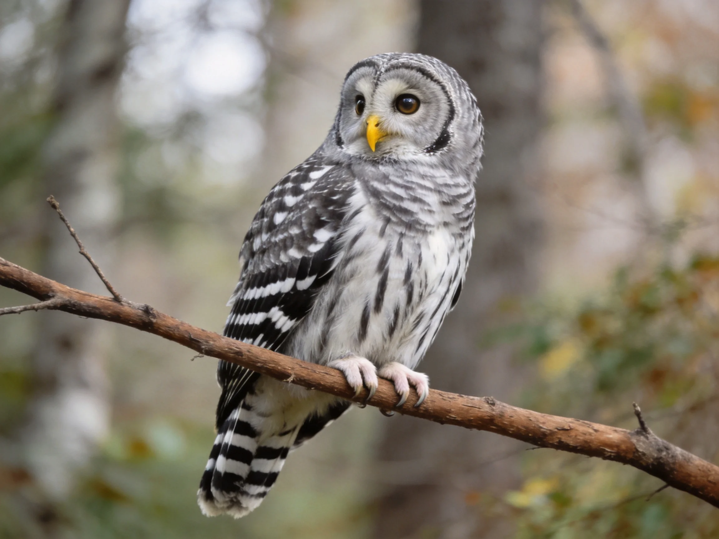 Barred owl with gray and black plumage perched on a tree branch