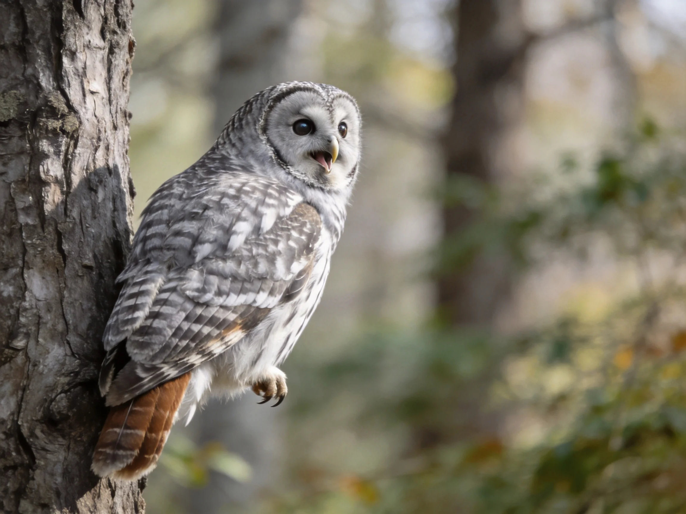 Barred owl with gray and brown plumage perched on a tree trunk