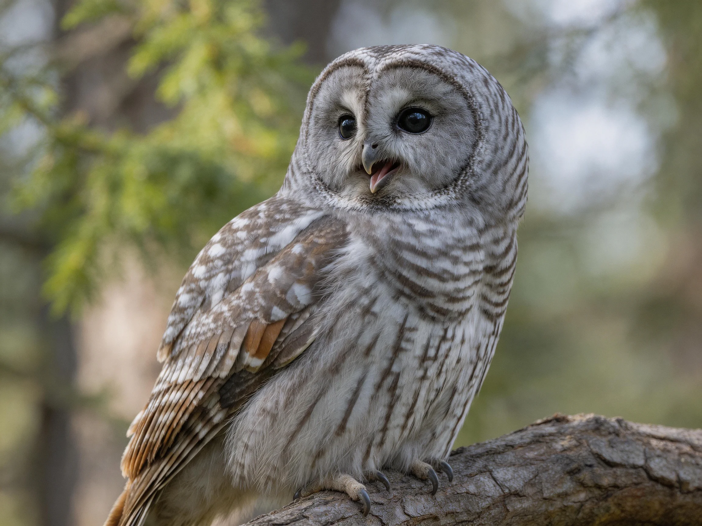 Barred owl with gray-white striped plumage on a tree branch