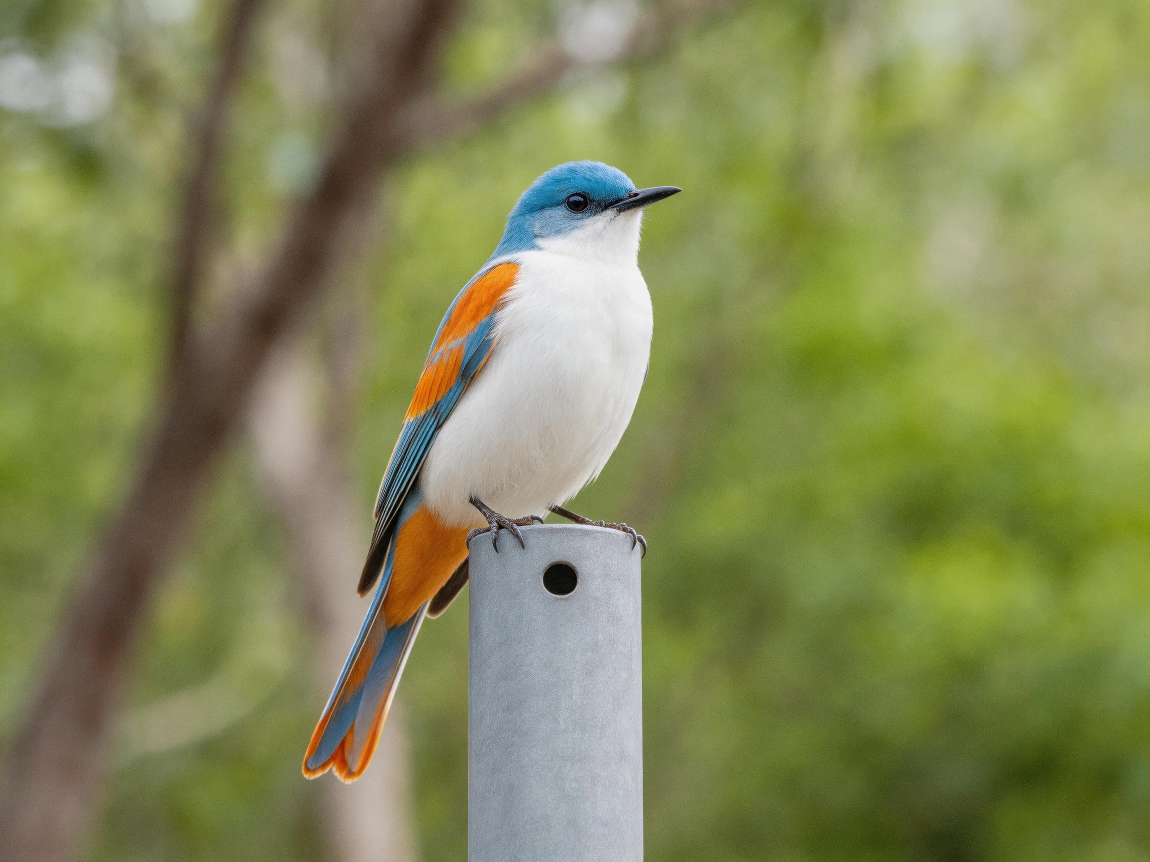 Bird with blue head, orange wings perches on gray metal post