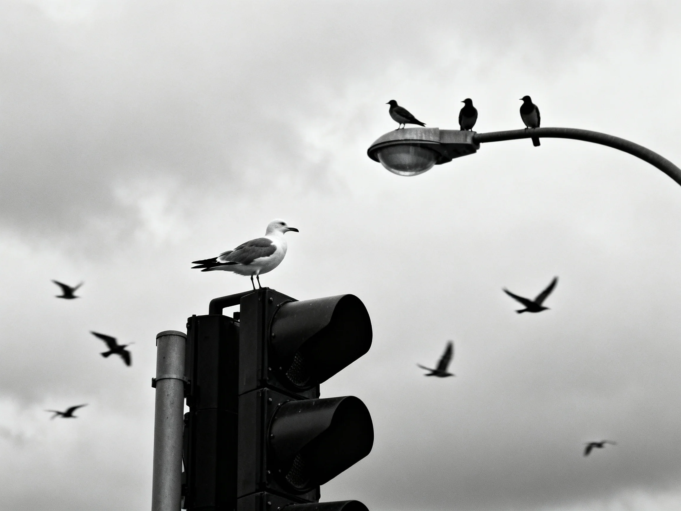 Birds perched on traffic light and street lamp under cloudy sky