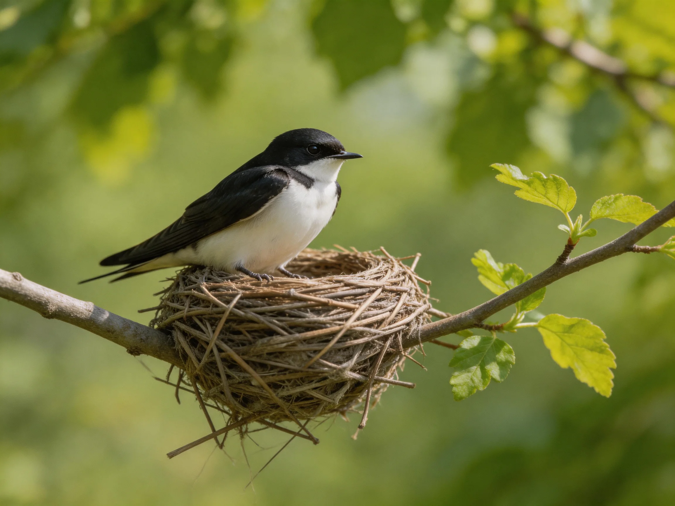 Black and White Bird in Twig Nest on Tree Branch