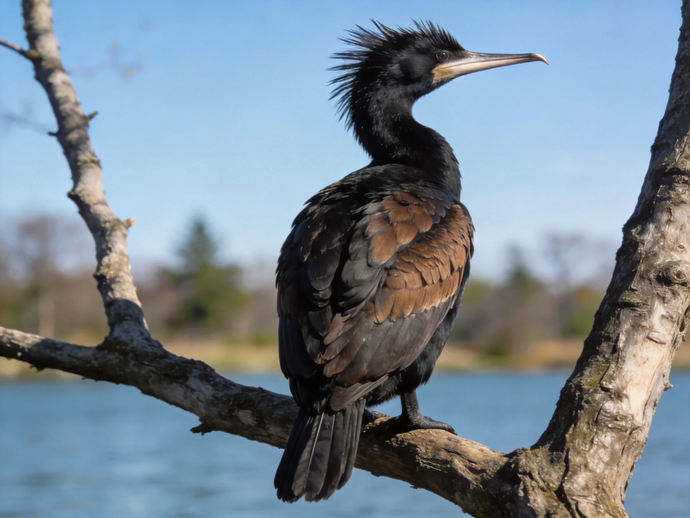 Black and brown-feathered bird perched on a gnarled tree branch by calm water