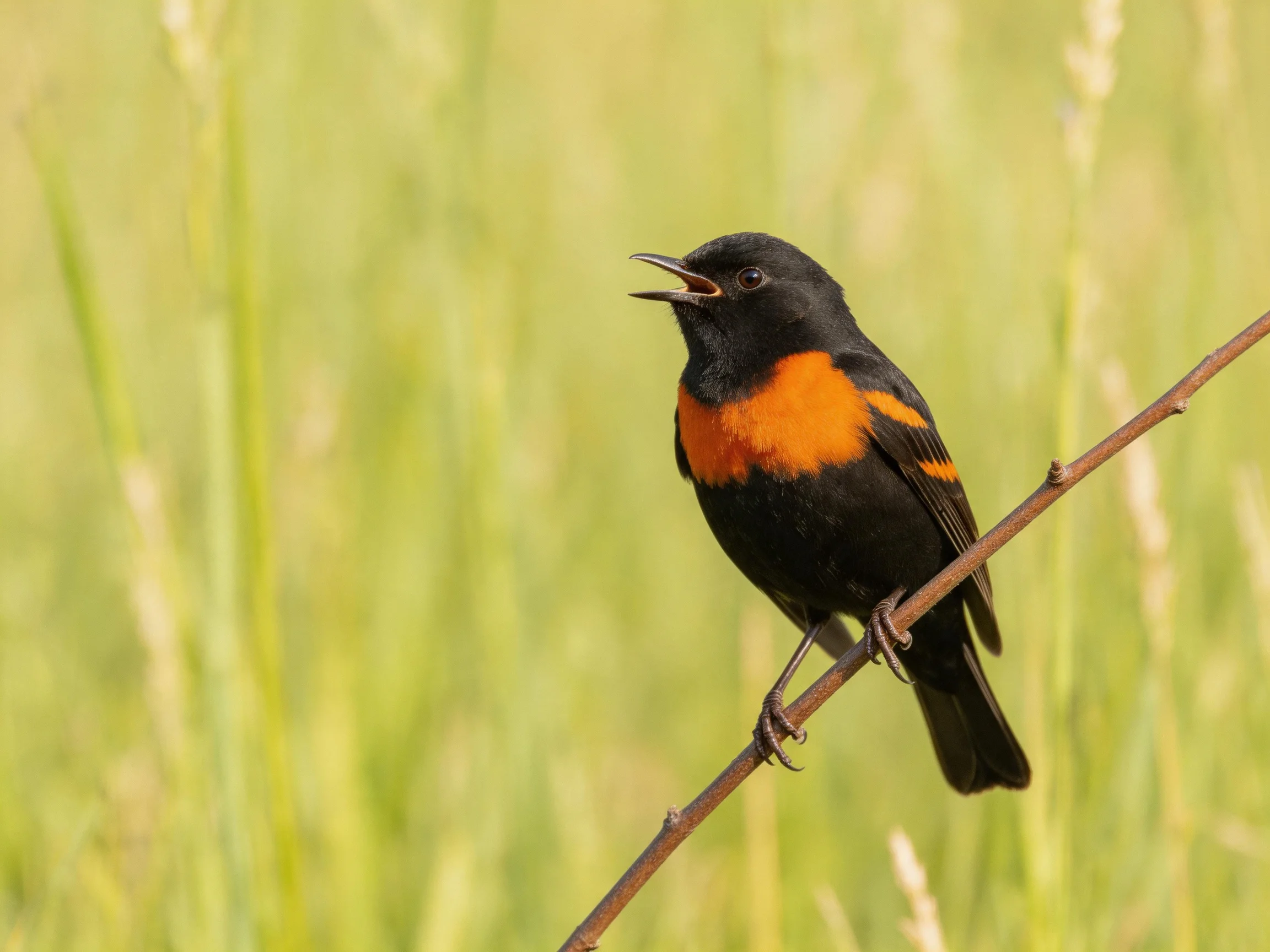 Black and orange songbird perched on a slender brown branch