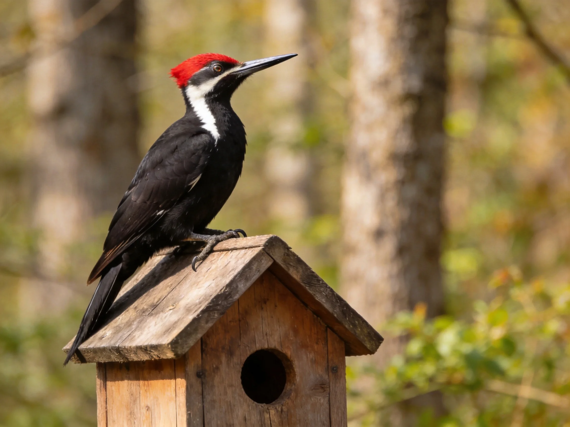 Black and red woodpecker perched on wooden birdhouse in forest