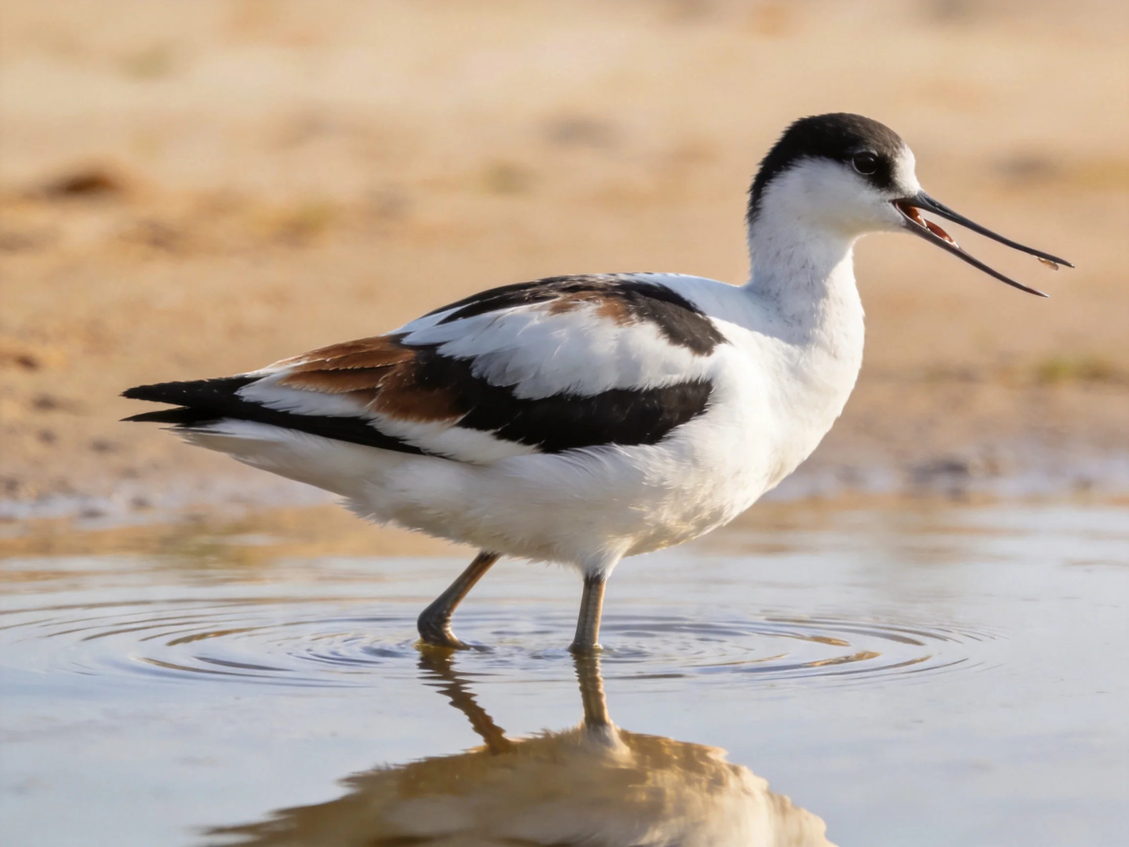 Black-and-white avocet wading in shallow reflective water near sandy shore