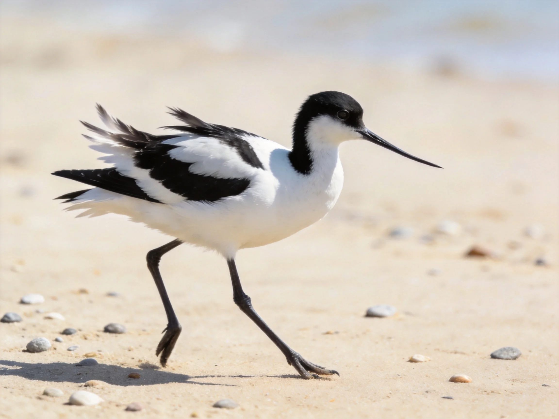 Black-and-white avocet walking on sandy beach with scattered pebbles