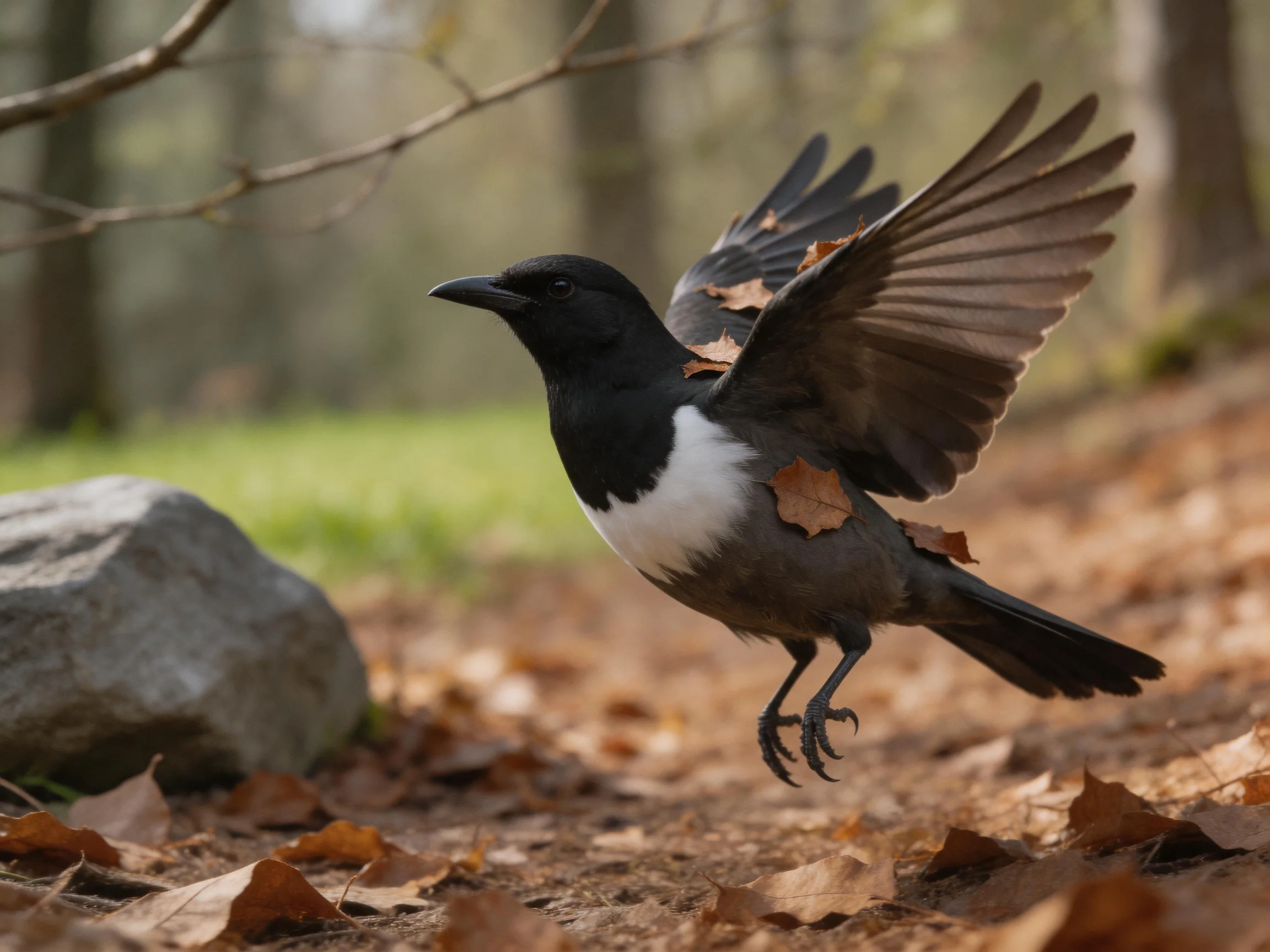 Black and white bird flies with leaves attached near a large rock