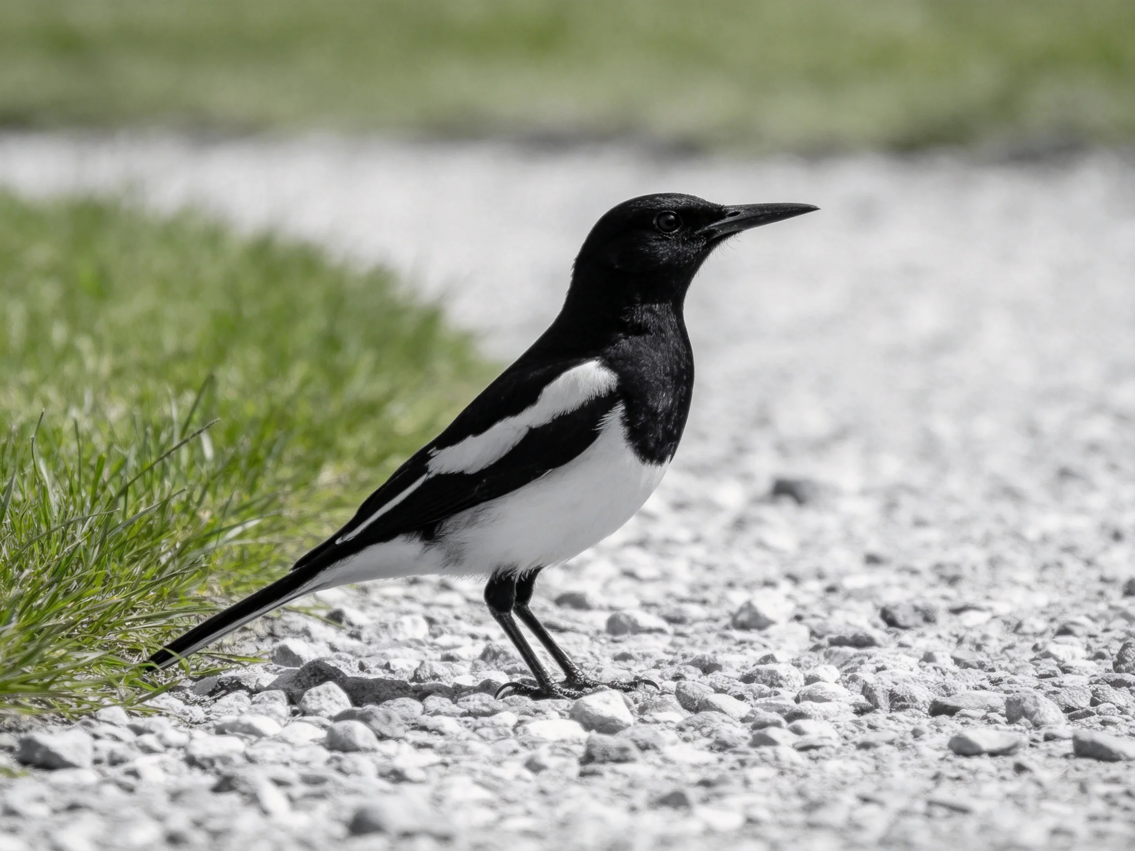 Black and white bird on gravel path near grass
