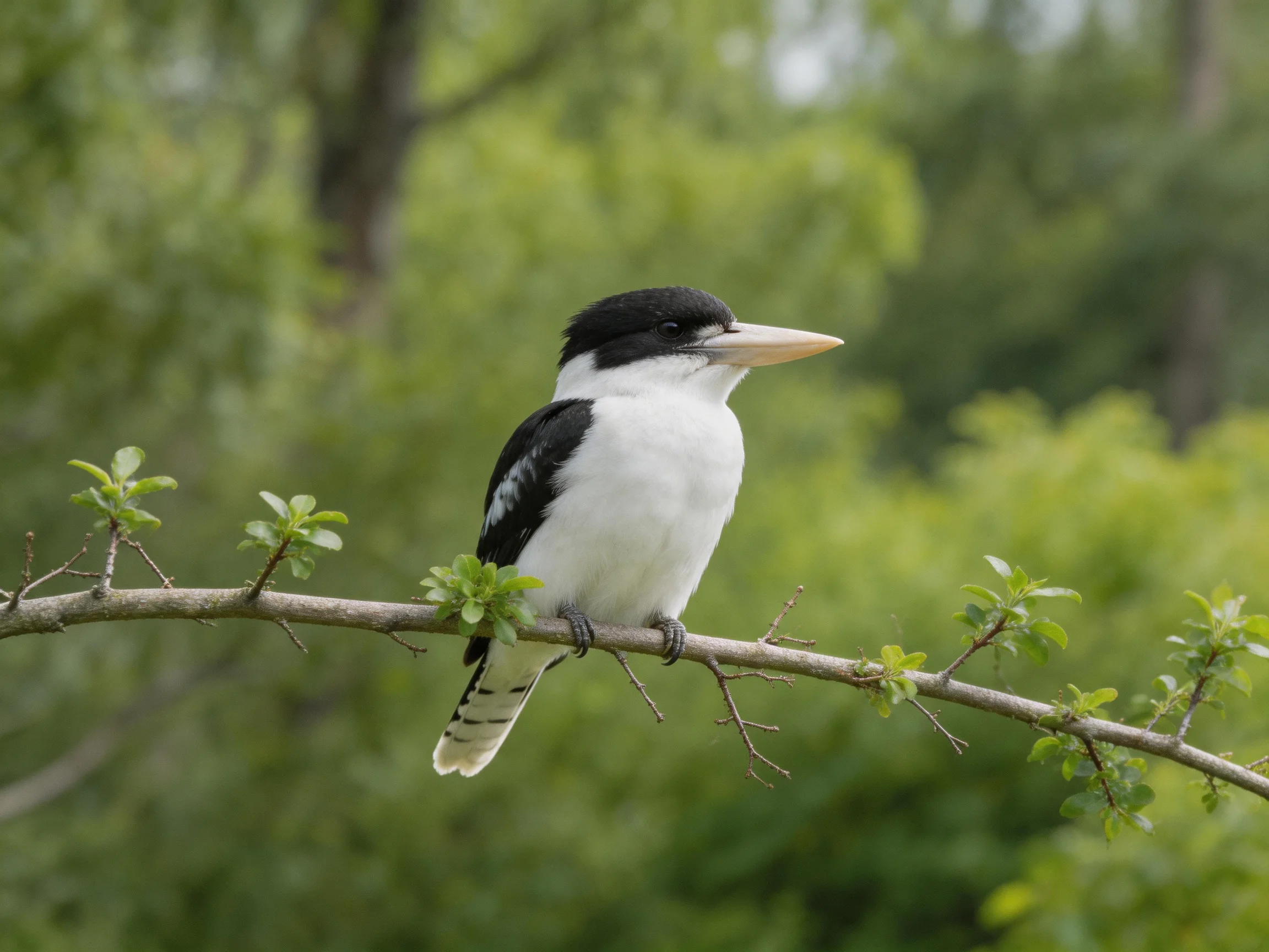 Black and white bird perched on a leafy branch