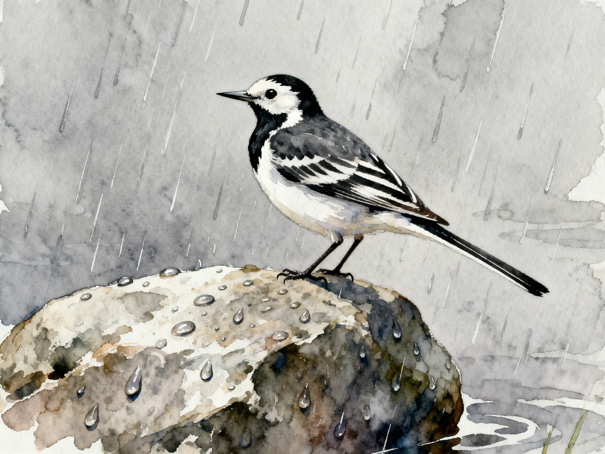 Black and white bird perched on a rain-drenched rock amid falling rain