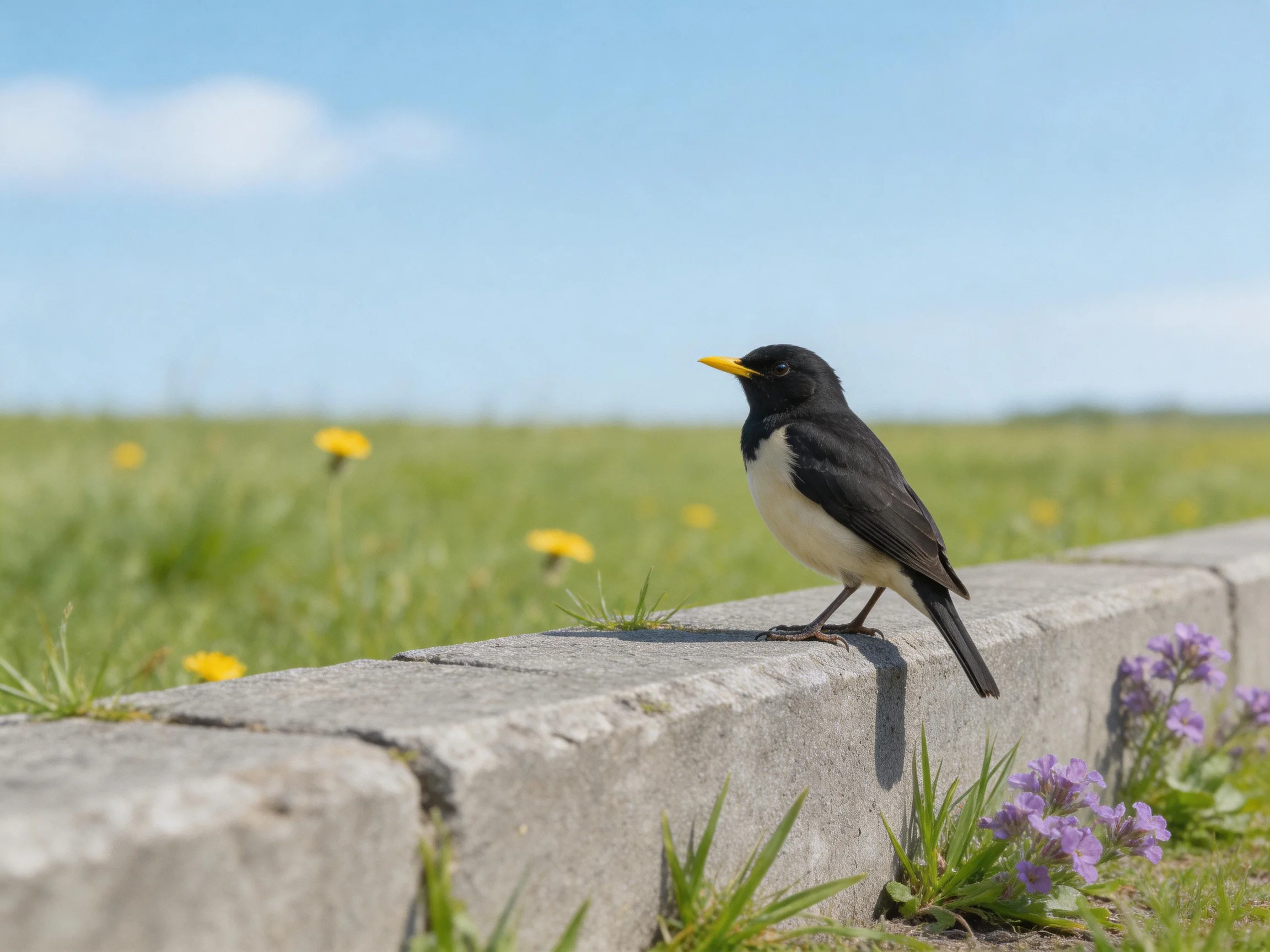 A black and white bird rests on a concrete curb with wildflowers and grass nearby.