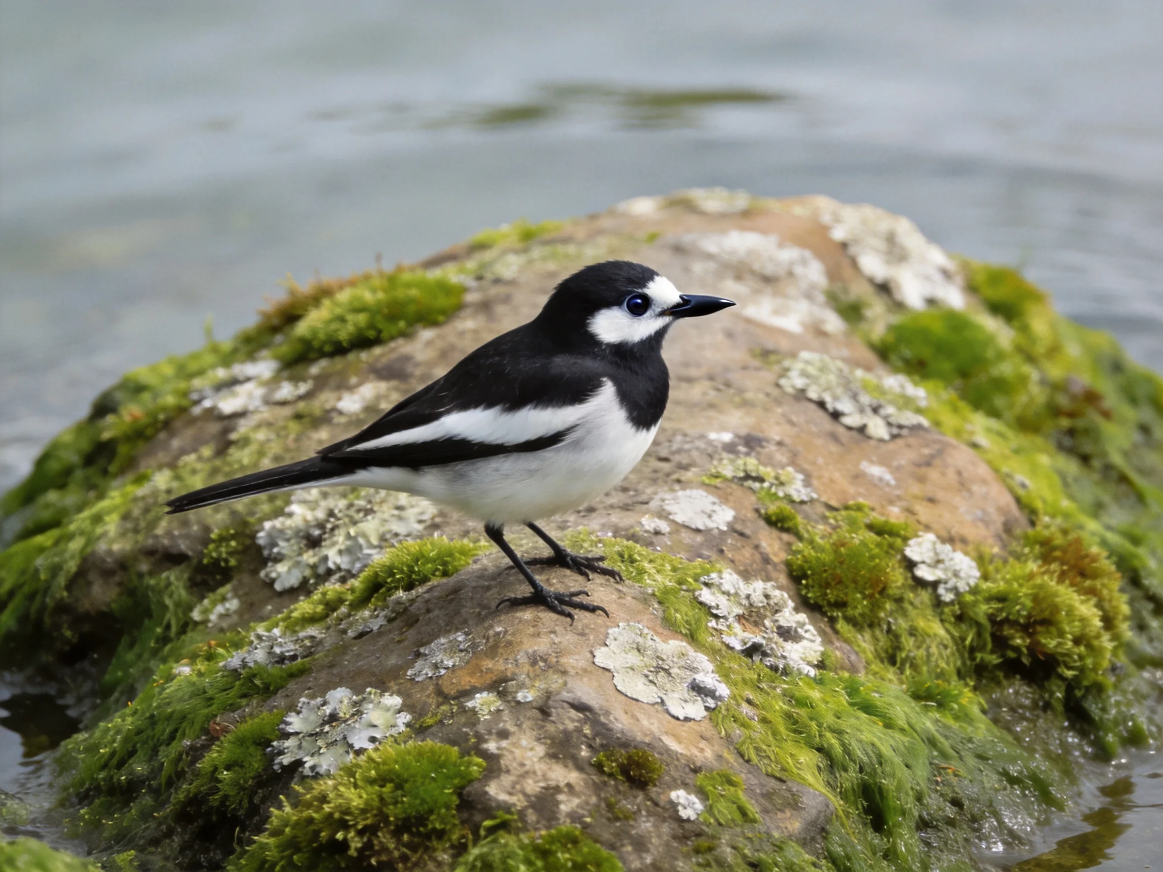 A black and white bird stands on a mossy, lichen-covered rock near water.