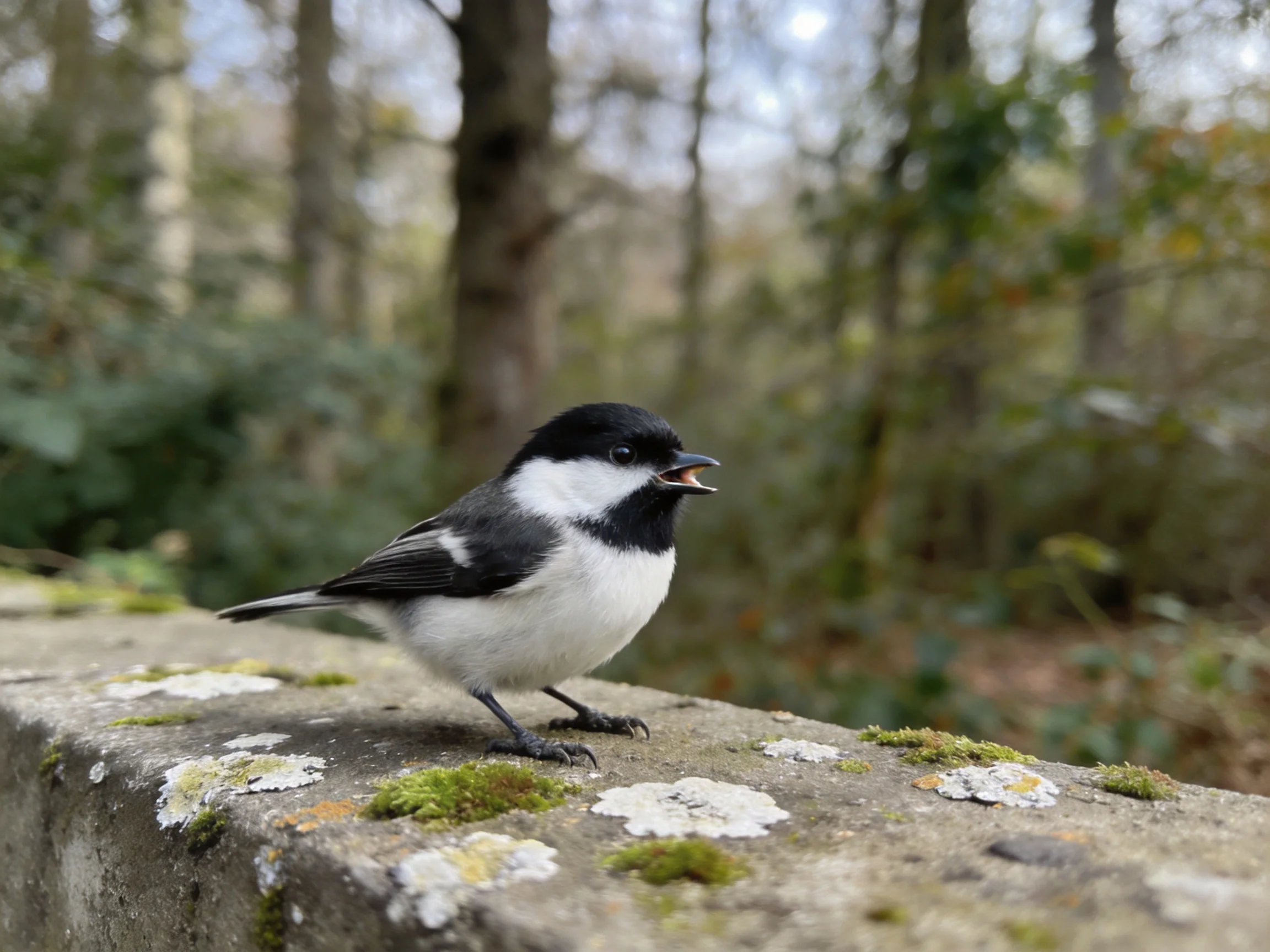 A black and white bird rests on a mossy stone ledge in a forest setting.