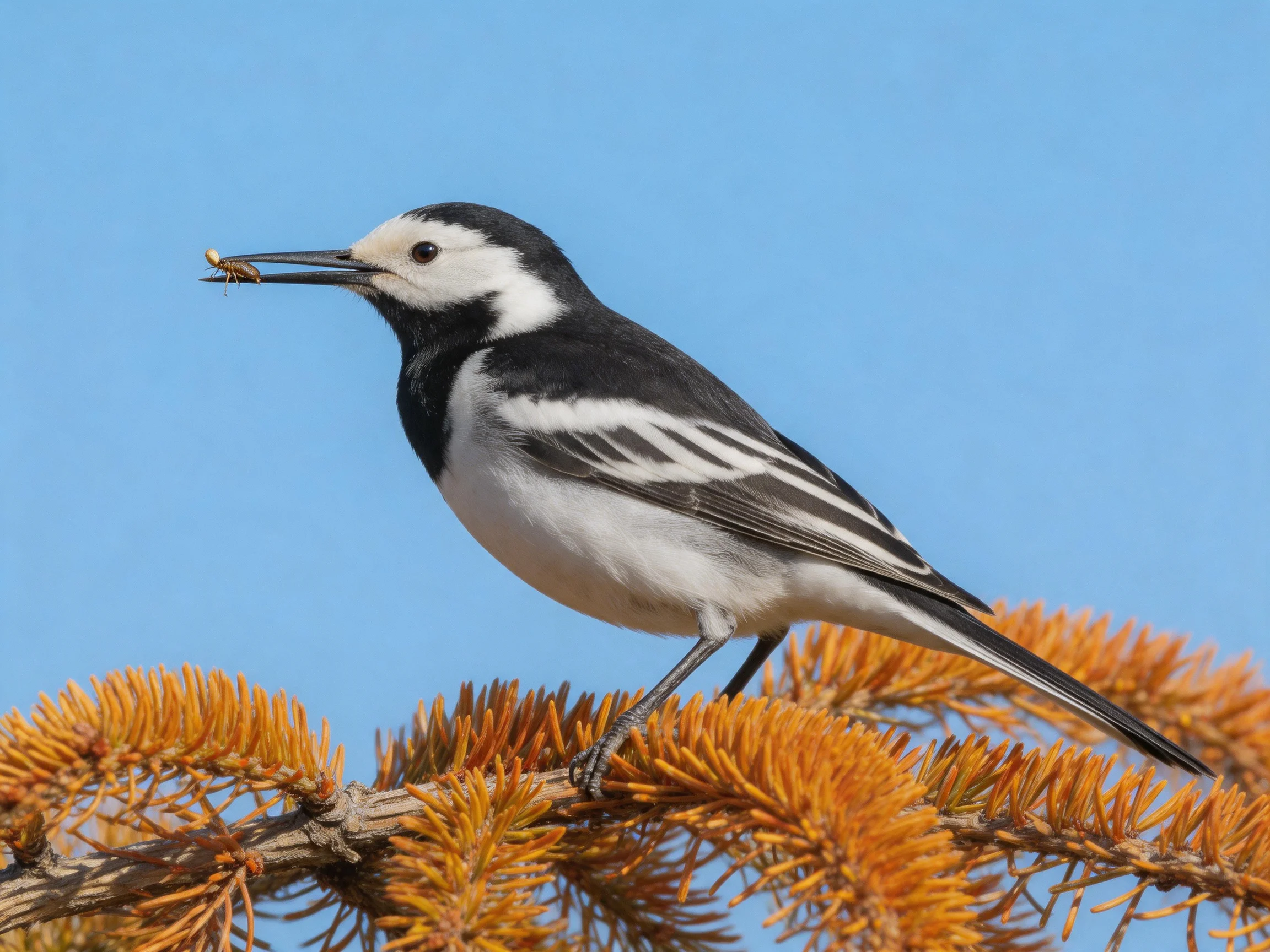 Black and white bird perched on orange branch with insect