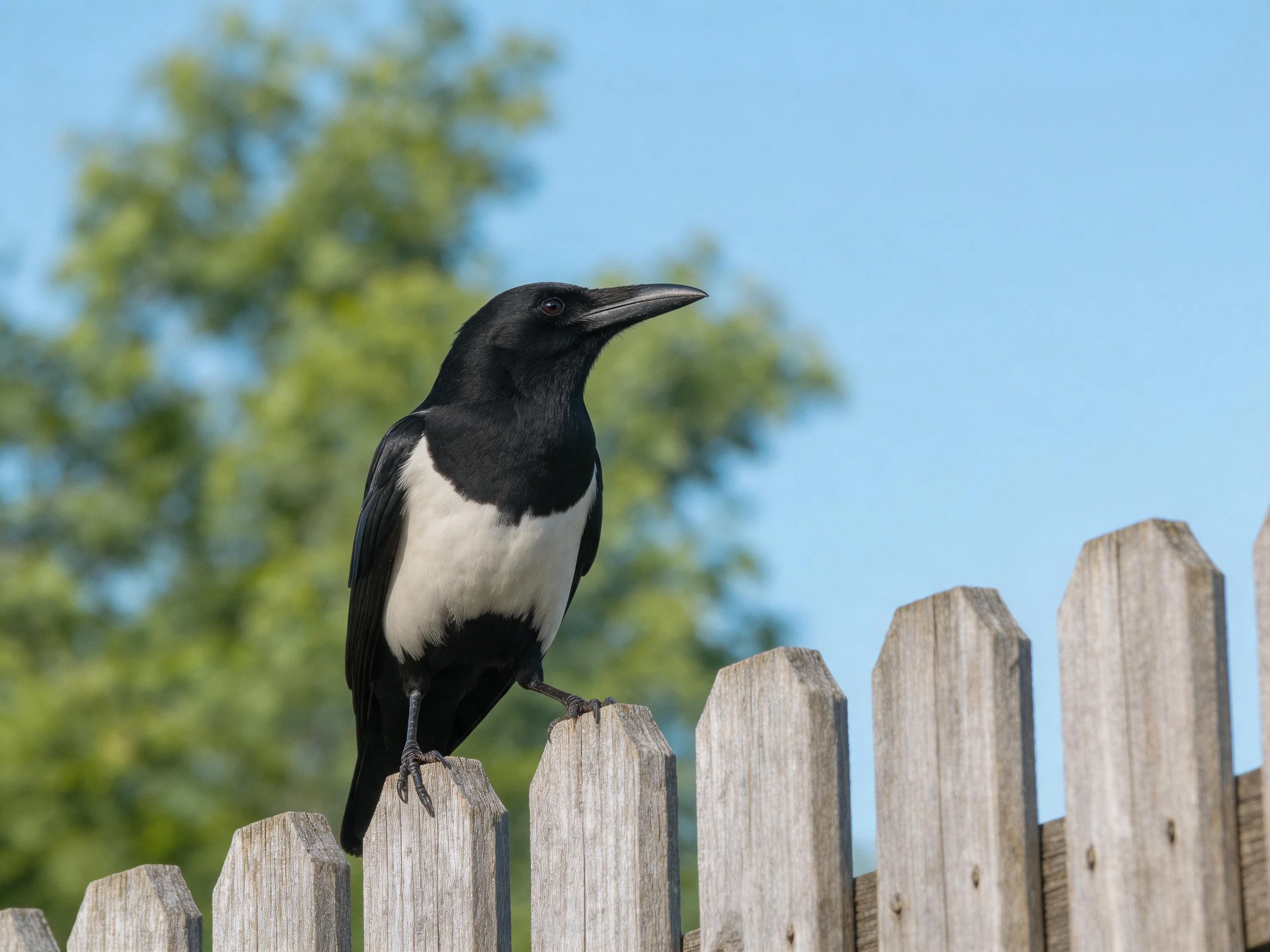 Black and white bird perched on weathered wooden fence